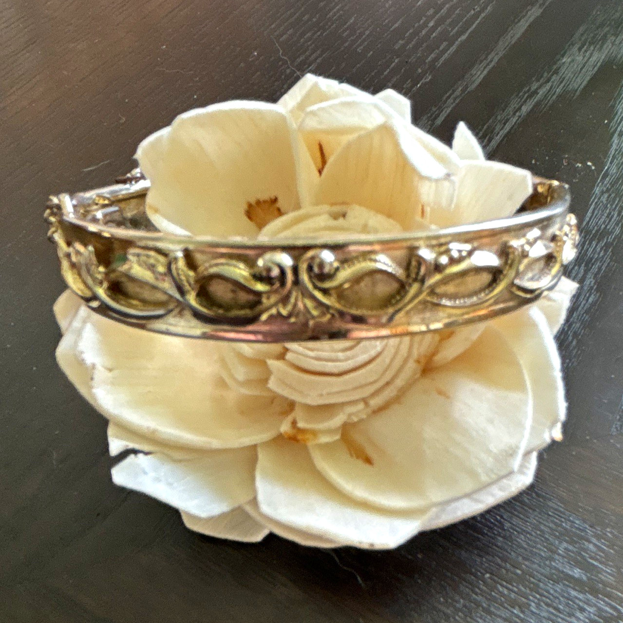 Gold Tone Hinged Bangle Bracelet w/ Safety Chain —Whiting and Davis signed vin