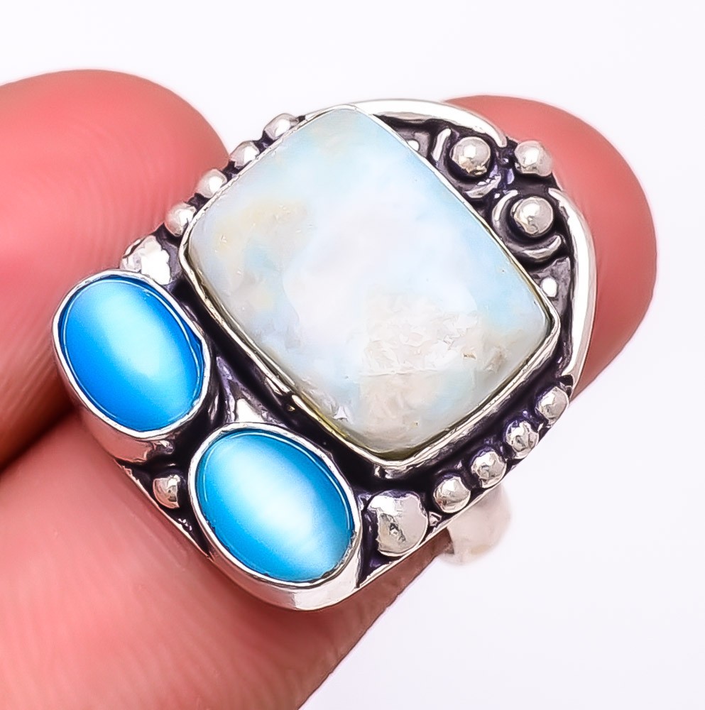 Natural Dominican Republic Larimar & Cat’S Eye 925 Silver Plated Ring s.6 S272