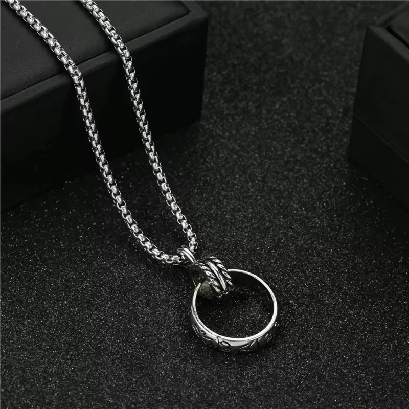 Double Ring Pendant Necklace Stainless Steel Carved Circle Street Retro Jewelry