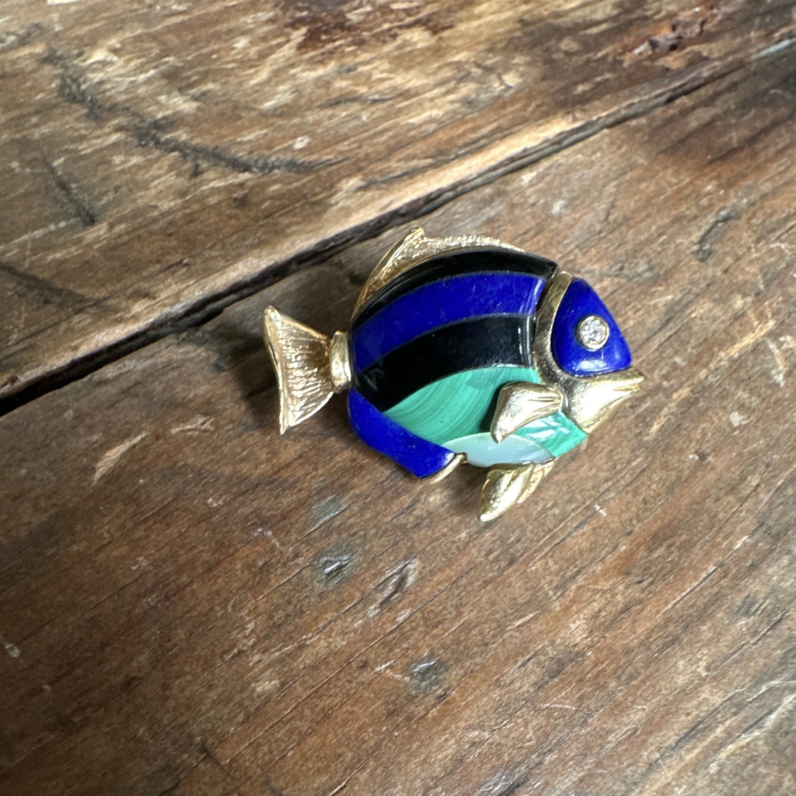 Signed Fish Enamelled Brooch Pin Gold Tone Blue Green Black MPN AA16