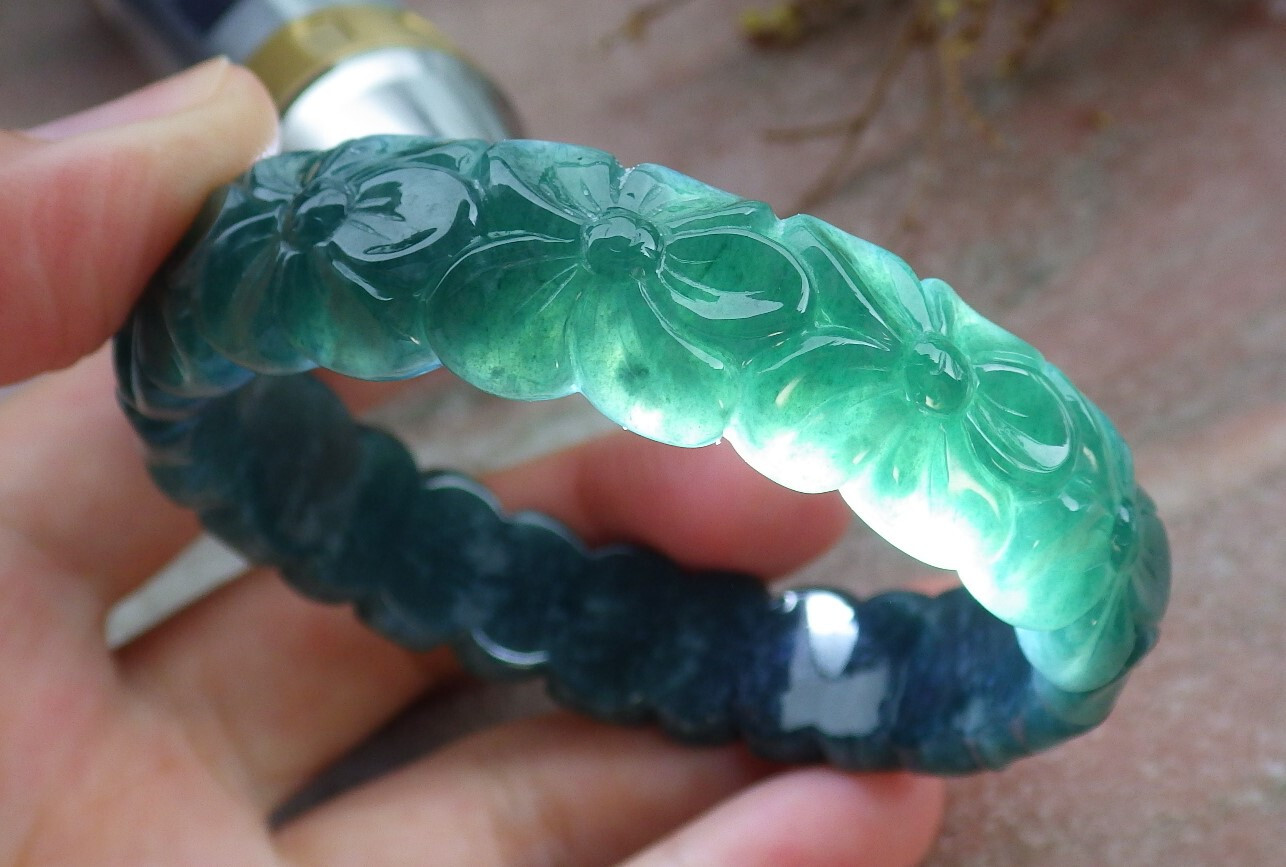 Video Certified Green A JADE Jadeite Flower Bangle Bracelet 55mm 631609 TN AS