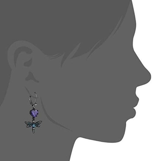 Betsey Johnson CZ & Butterfly Double Mismatch Drop Earrings Purple CZ Heart