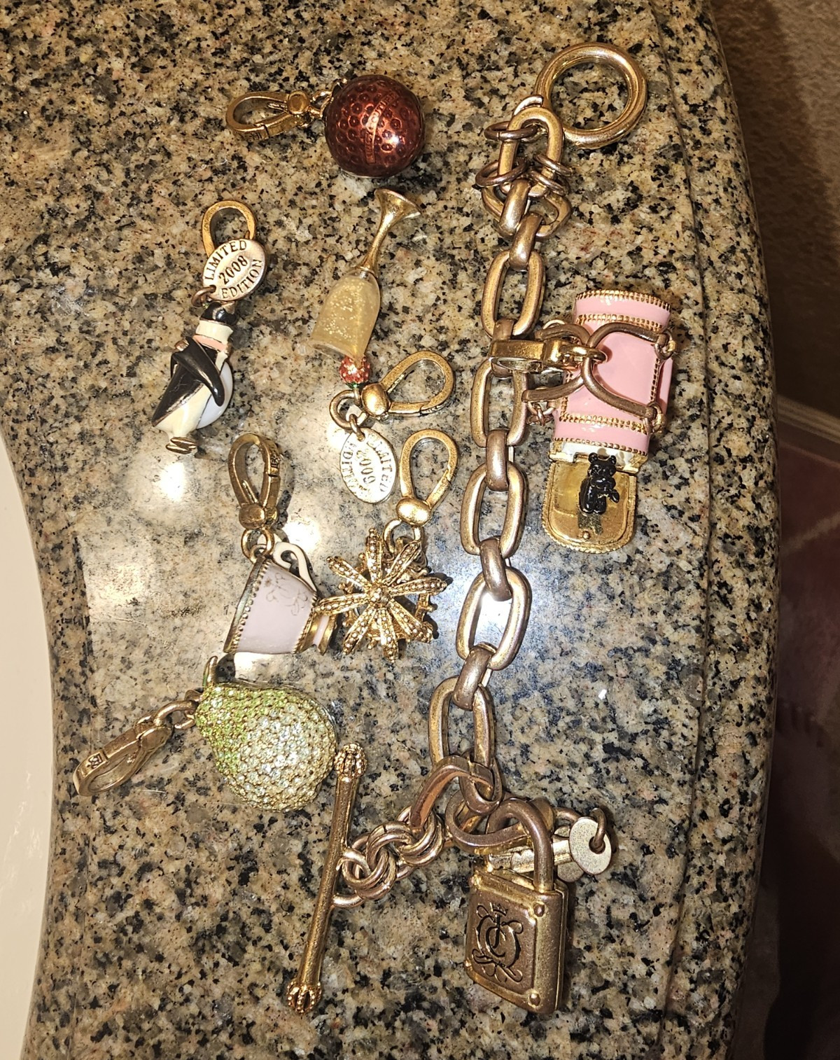 Juicy Couture Signed Gold & Pink Enamel Dangle Charm Toggle Bar Link Bracelet