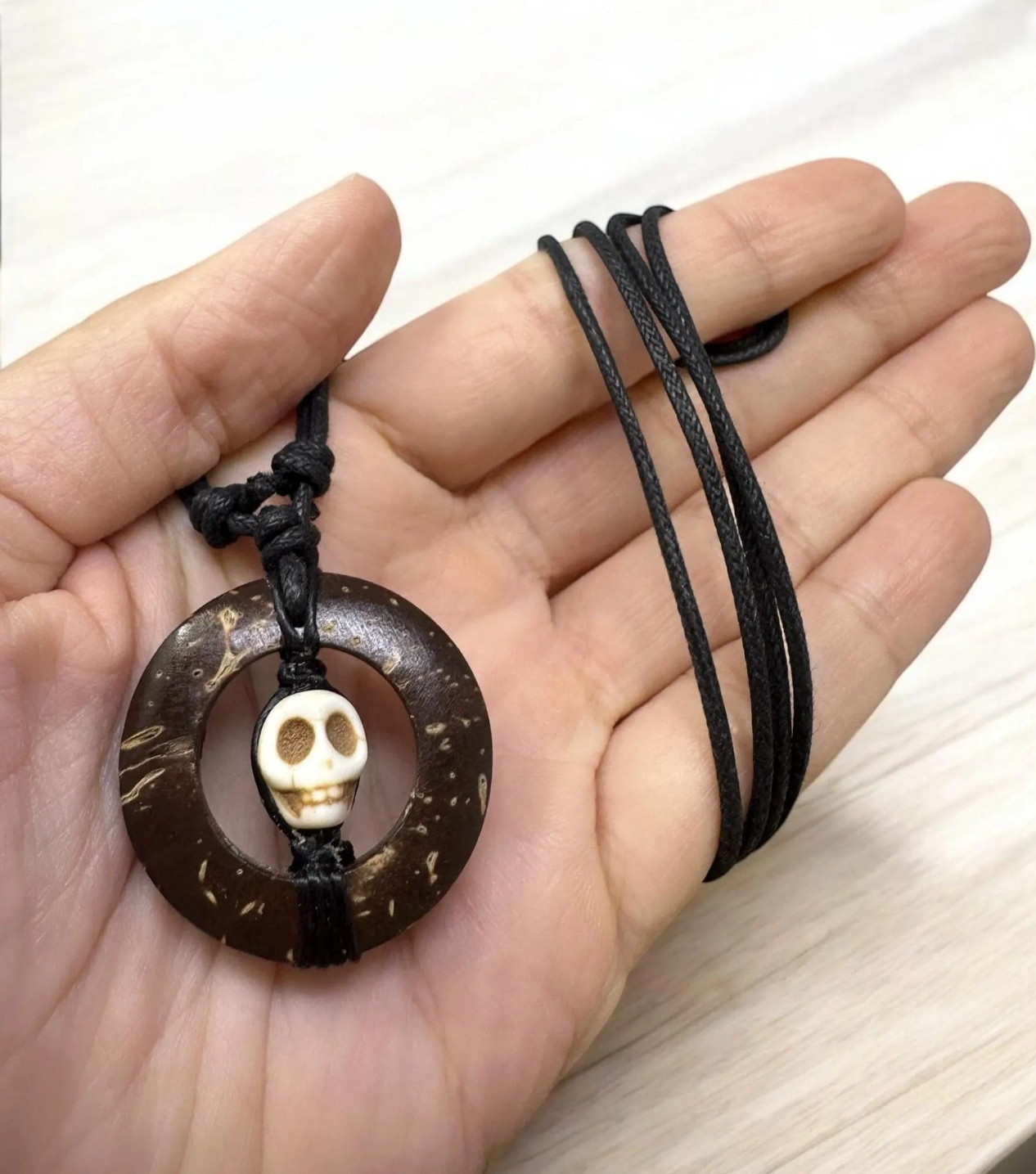 Handcrafted Coconut Shell Skull Necklace Howlite Pendant Adjustable Cord Unisex