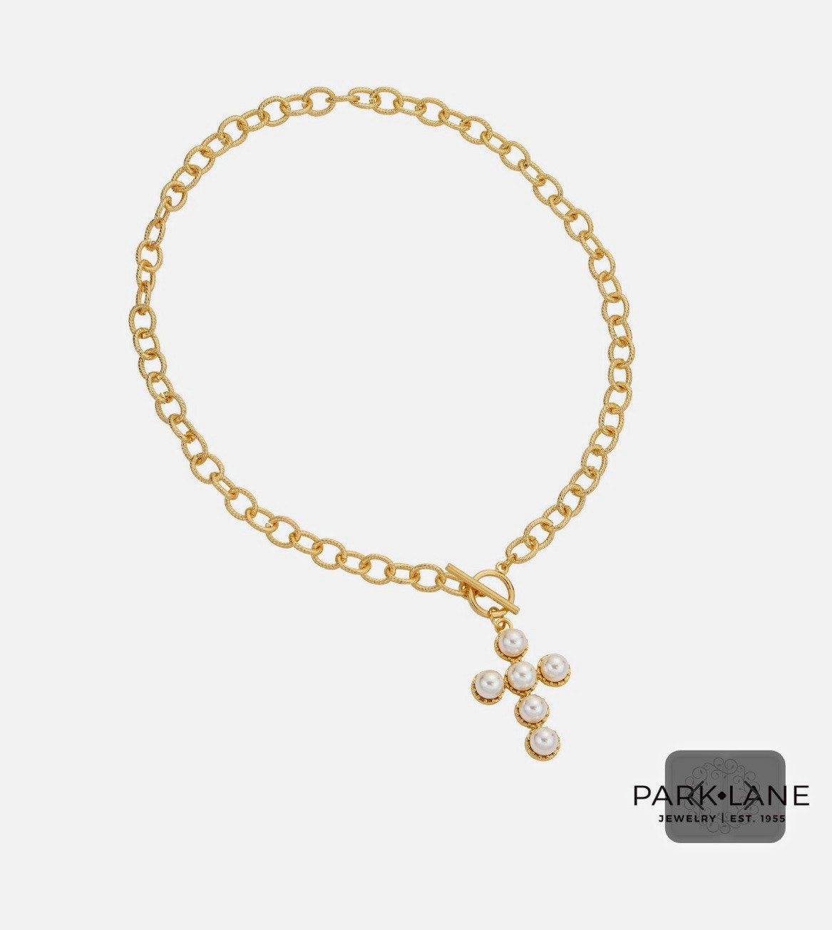 Park Lane Blessed Gold Plated Toggle Oval Link Necklace w/ Pearl Cross Charm