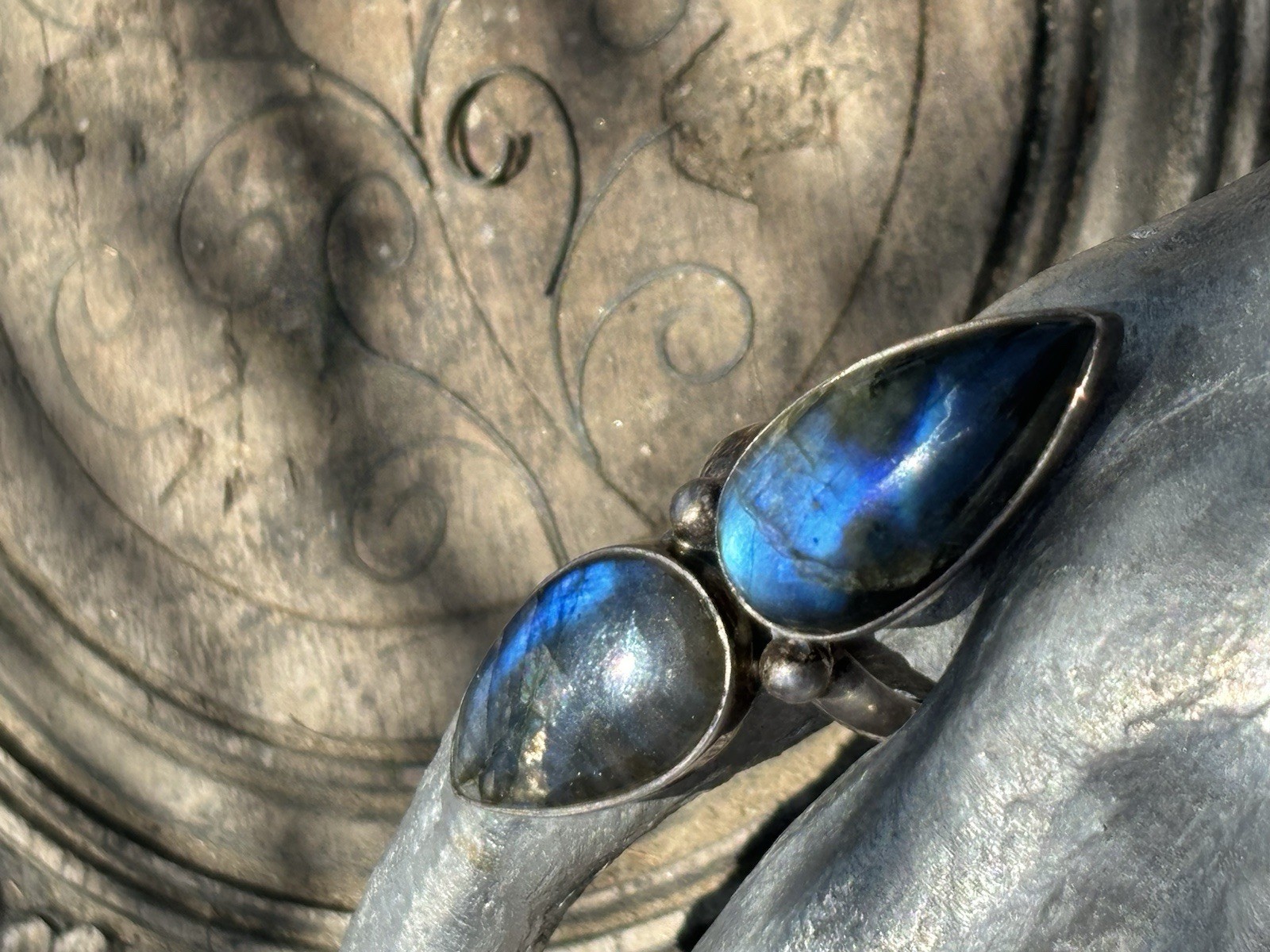Double pear shaped labradorite gemstone silver ring size 9.25