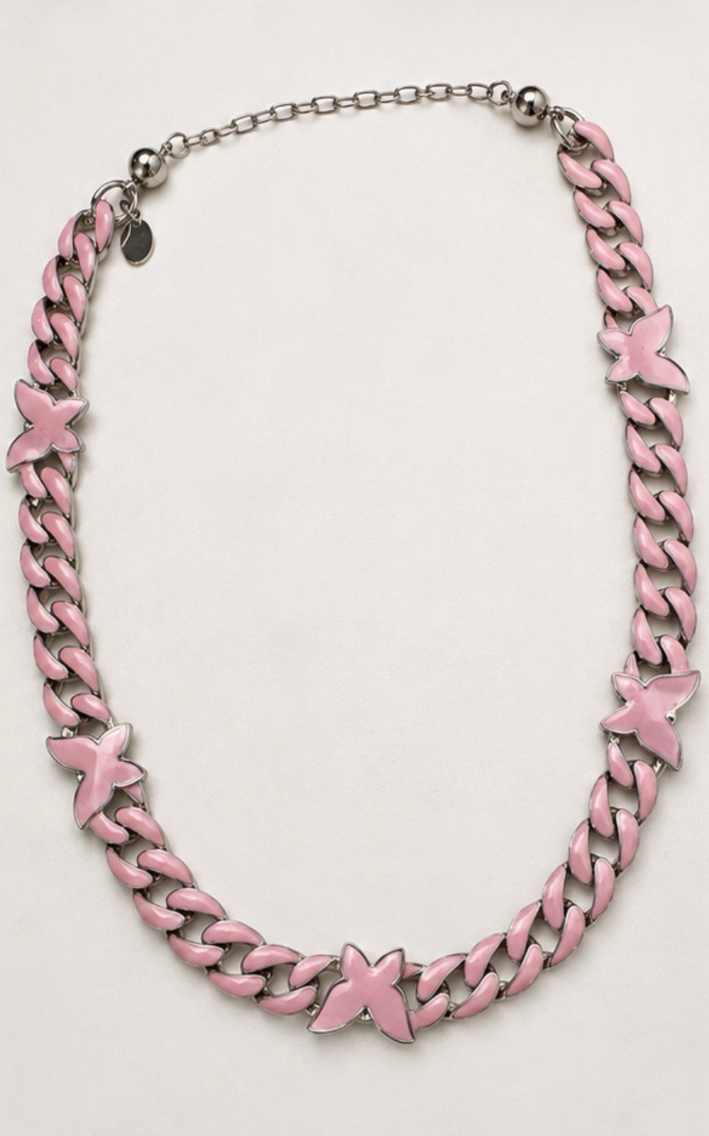 Pink Enamel Butterfly Silver Tone Curb Link Choker Necklace Adjustable