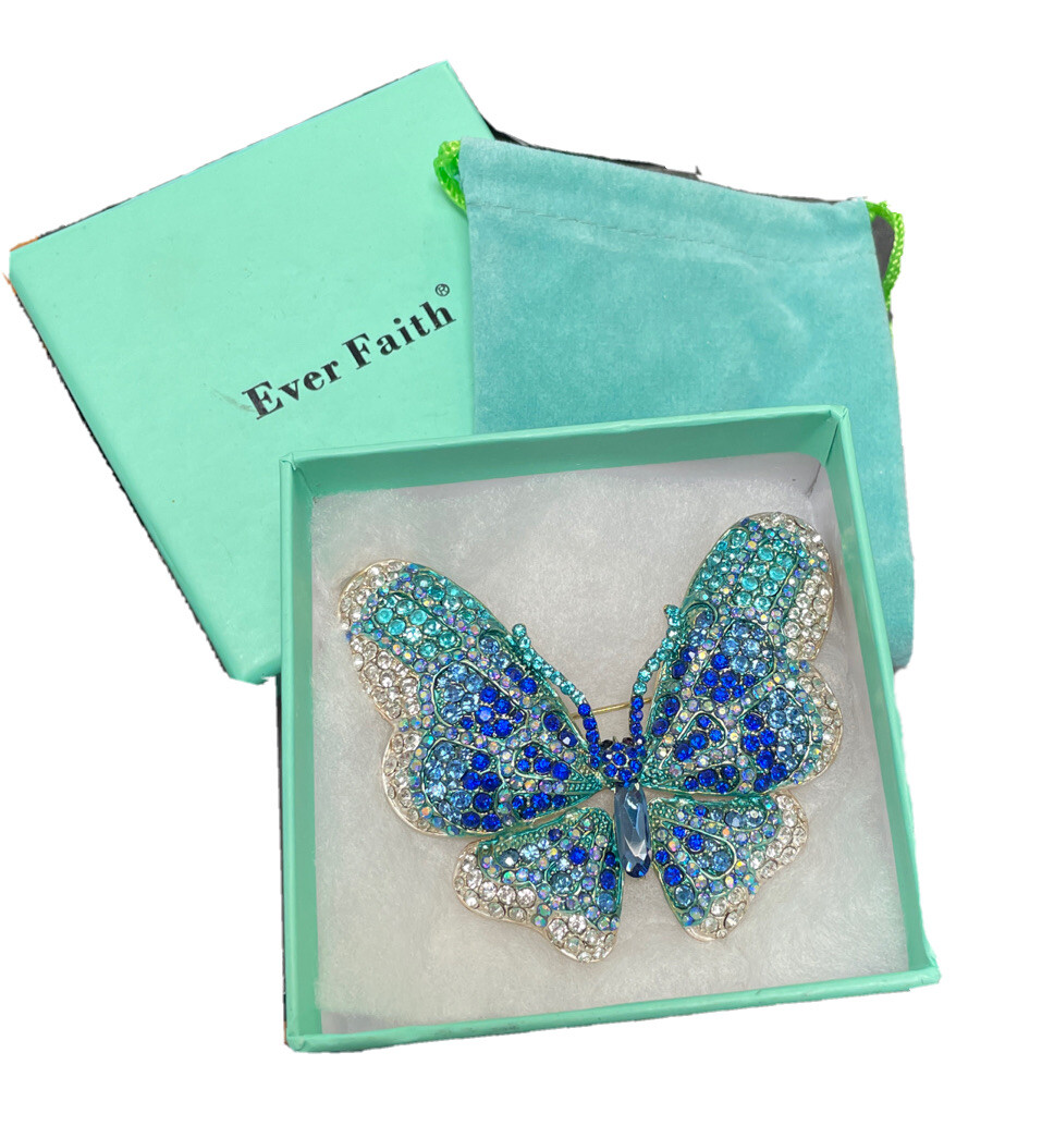 EVER FAITH SILVER BLUE/GREEN RHINESTONE ENCRUSTED BUTTERFLY STATEMENT PIN BROOCH