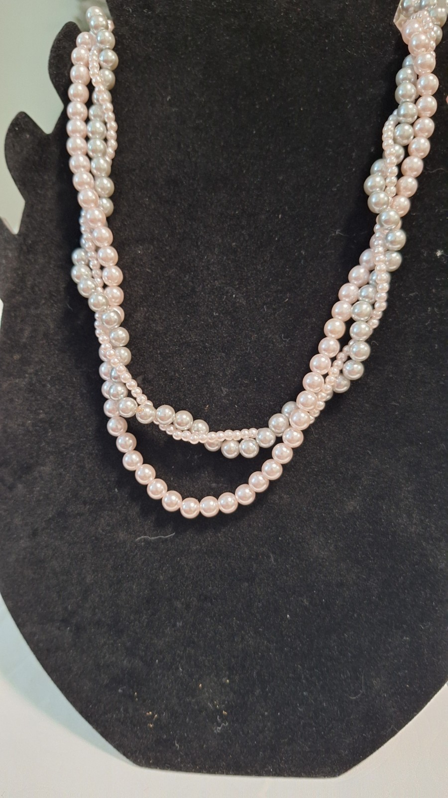 Pink Gray Faux Pearl Beaded Multi-Strand Layered Necklace Lobster Clasp