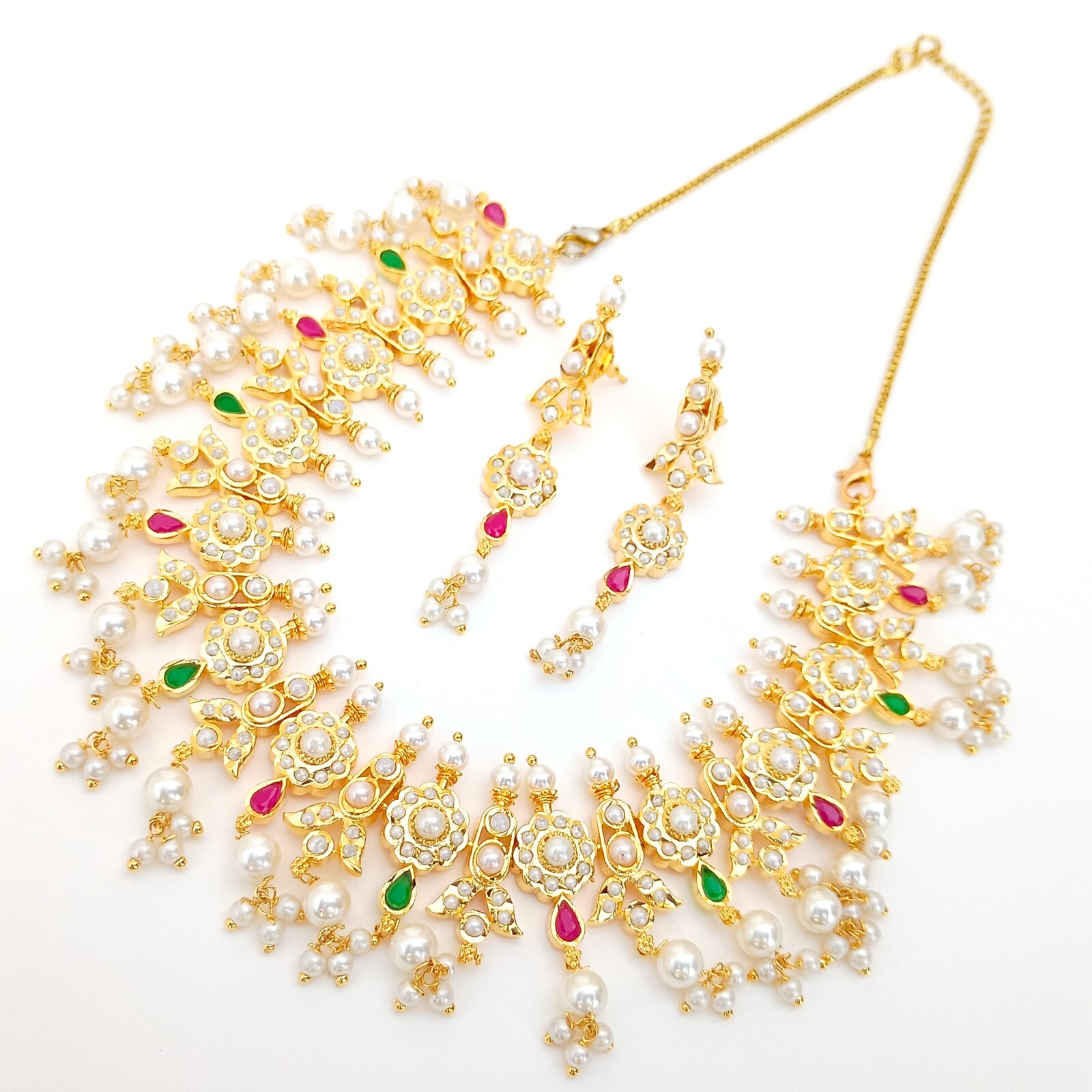 Premium Pearl & Ruby & Emerald Meenakari Necklace jewelry, Gold plated Necklace