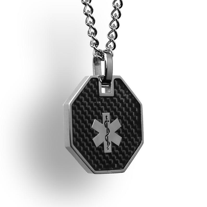 Medical Alert ID Pendant Necklace Custom Engrave Stainless Steel Gray 27in Chain