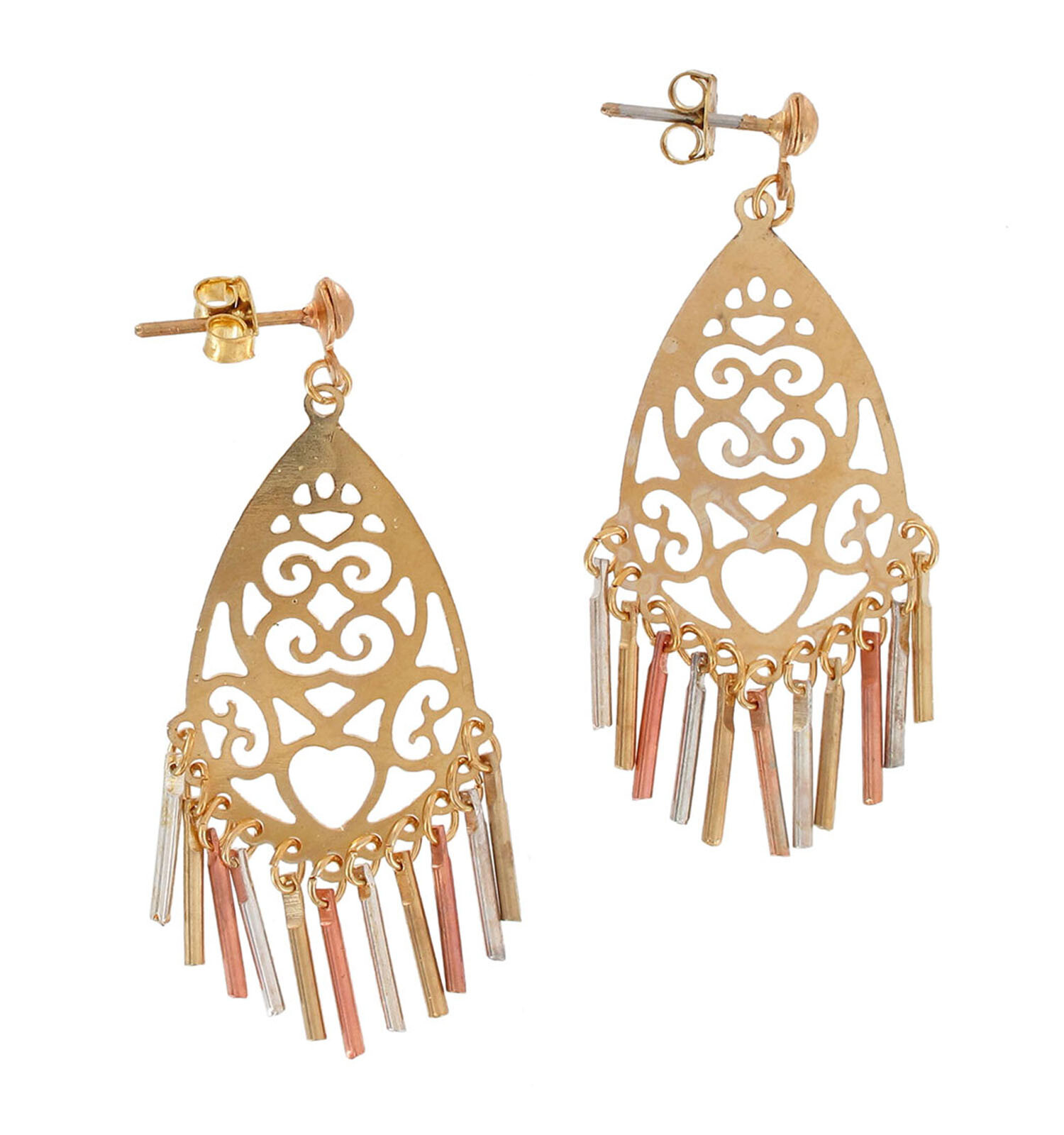 Exotic Tri Tone Gold Silver Copper Chandelier Earrings 1 3/4″
