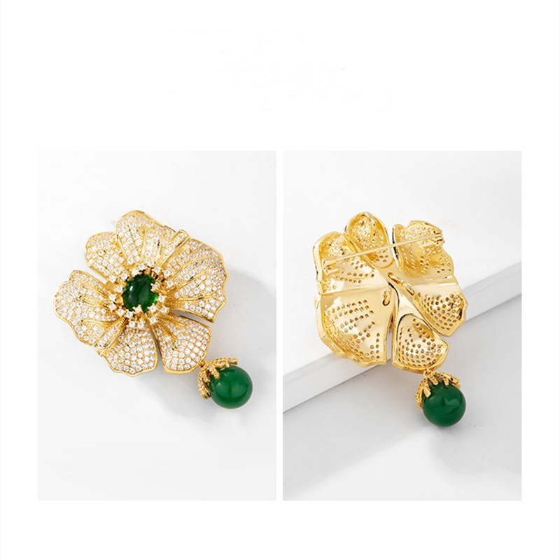 Green Imitation Jade Flower Brooch Pin Women Rhinestone Crystal Floral Gift