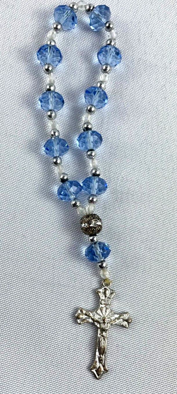 Blue Rosary Beads Bracelet Stretch Bracelet 5.5″ Jesus on Cross Metal
