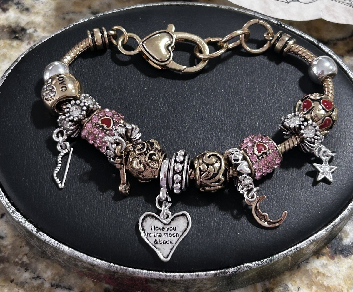 Sweet Romance Charm Bracelet ” I Love You To The Moon & Back” 8” New J16