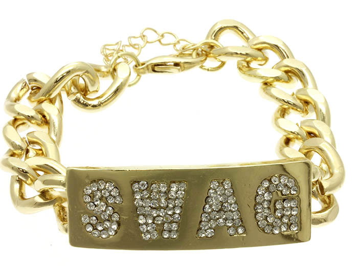Hip Hop & Club Fashion Gold Chain Bracelet with SWAG Pendant in Crystal Bling