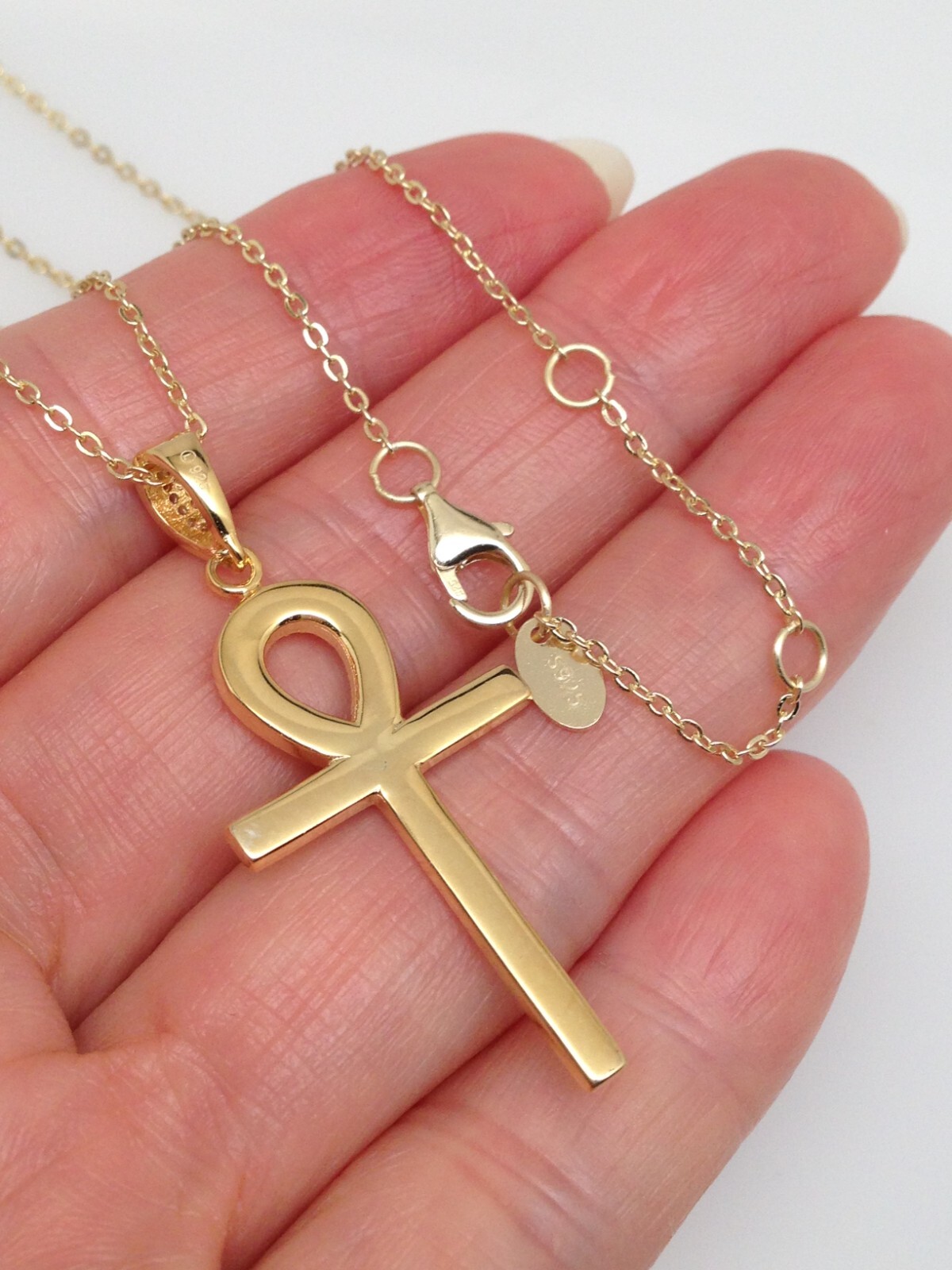 925 Sterling Silver CZ Ankh Cross Pendant Necklace Gold Women 30mm/1.18″ 19.75″
