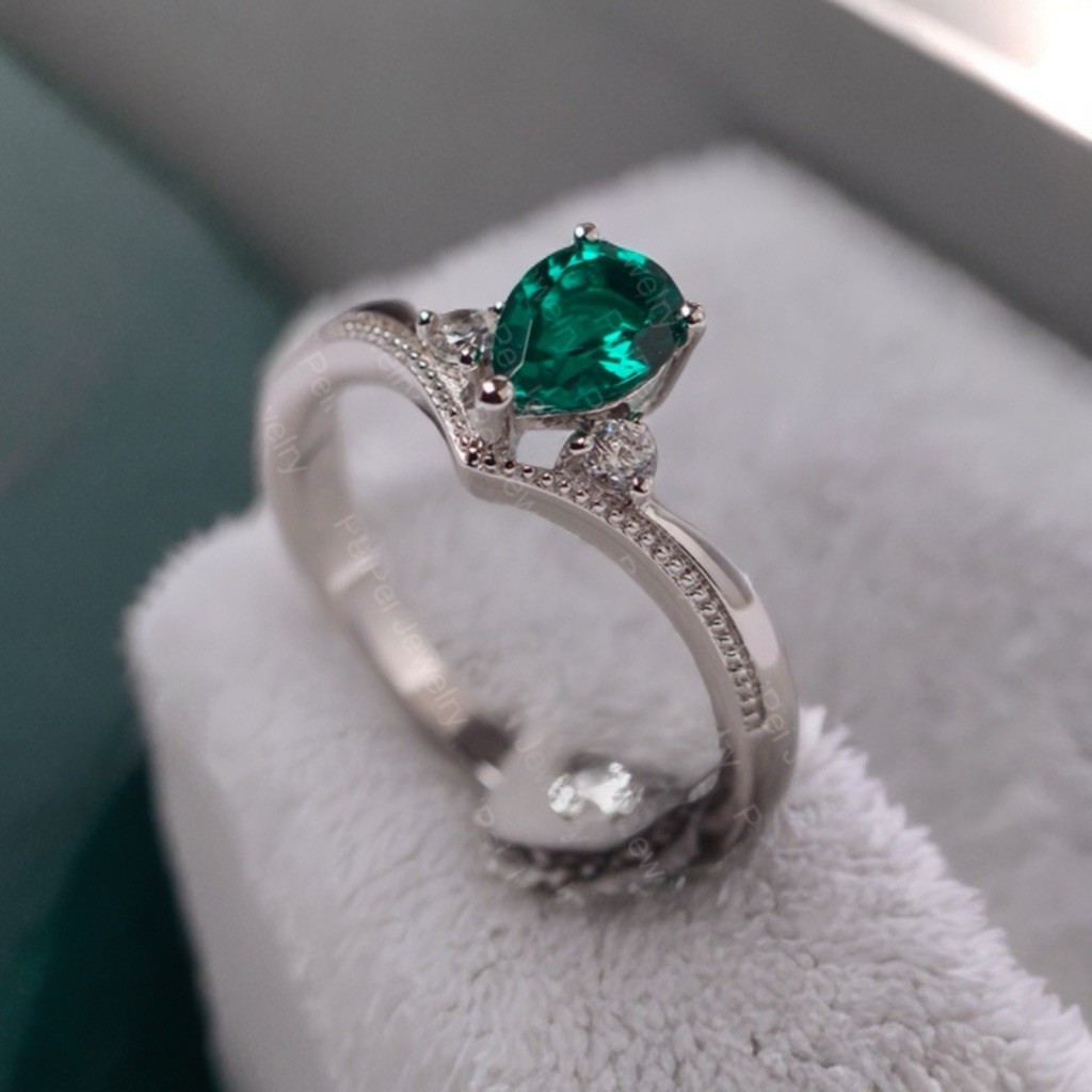 7x5mm Created Emerald Pear Women Engagement Ring 14k White Gold Plated