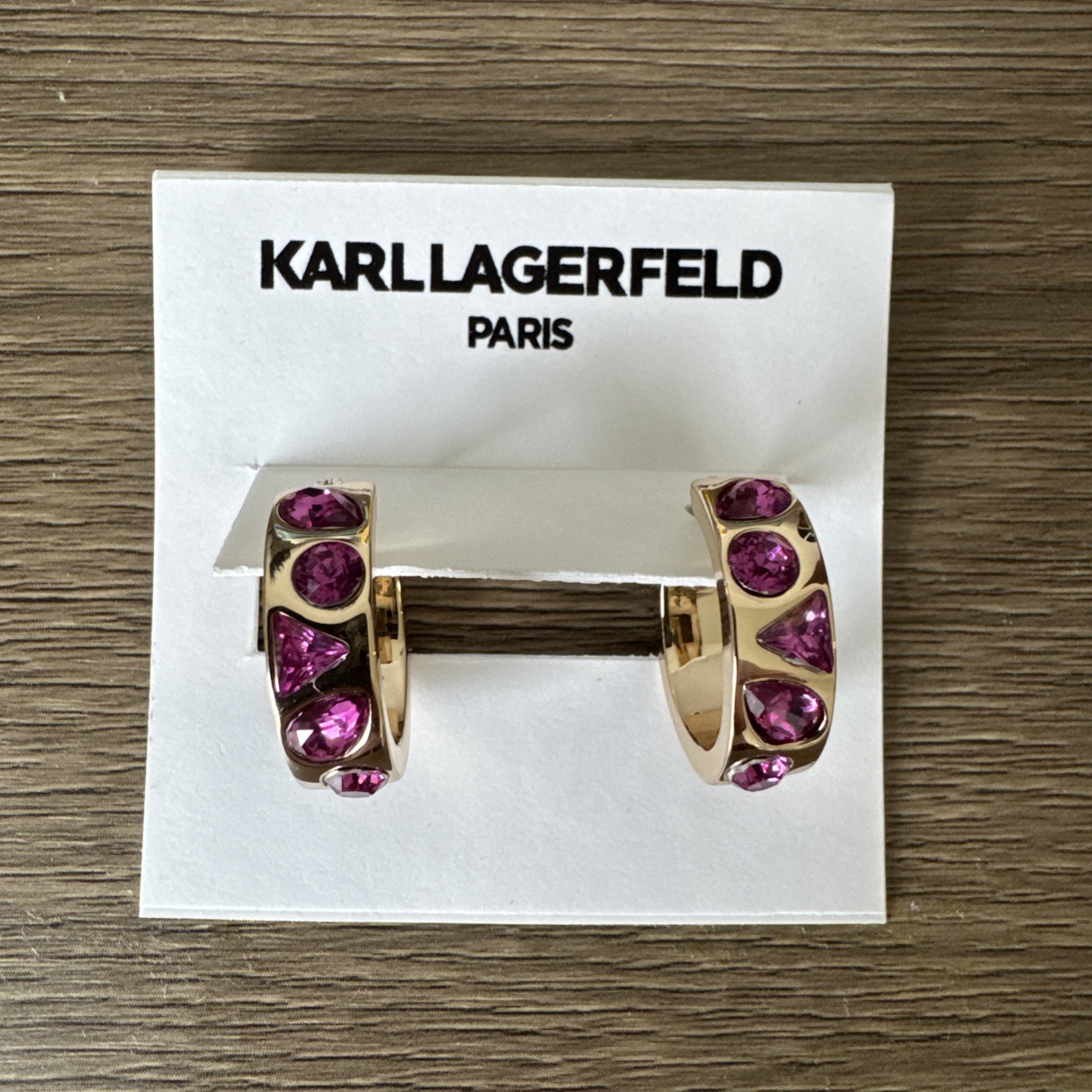 Karl Lagerfeld Paris Gold Tone Josephine Pink Crystal Hoop Earrings NWT