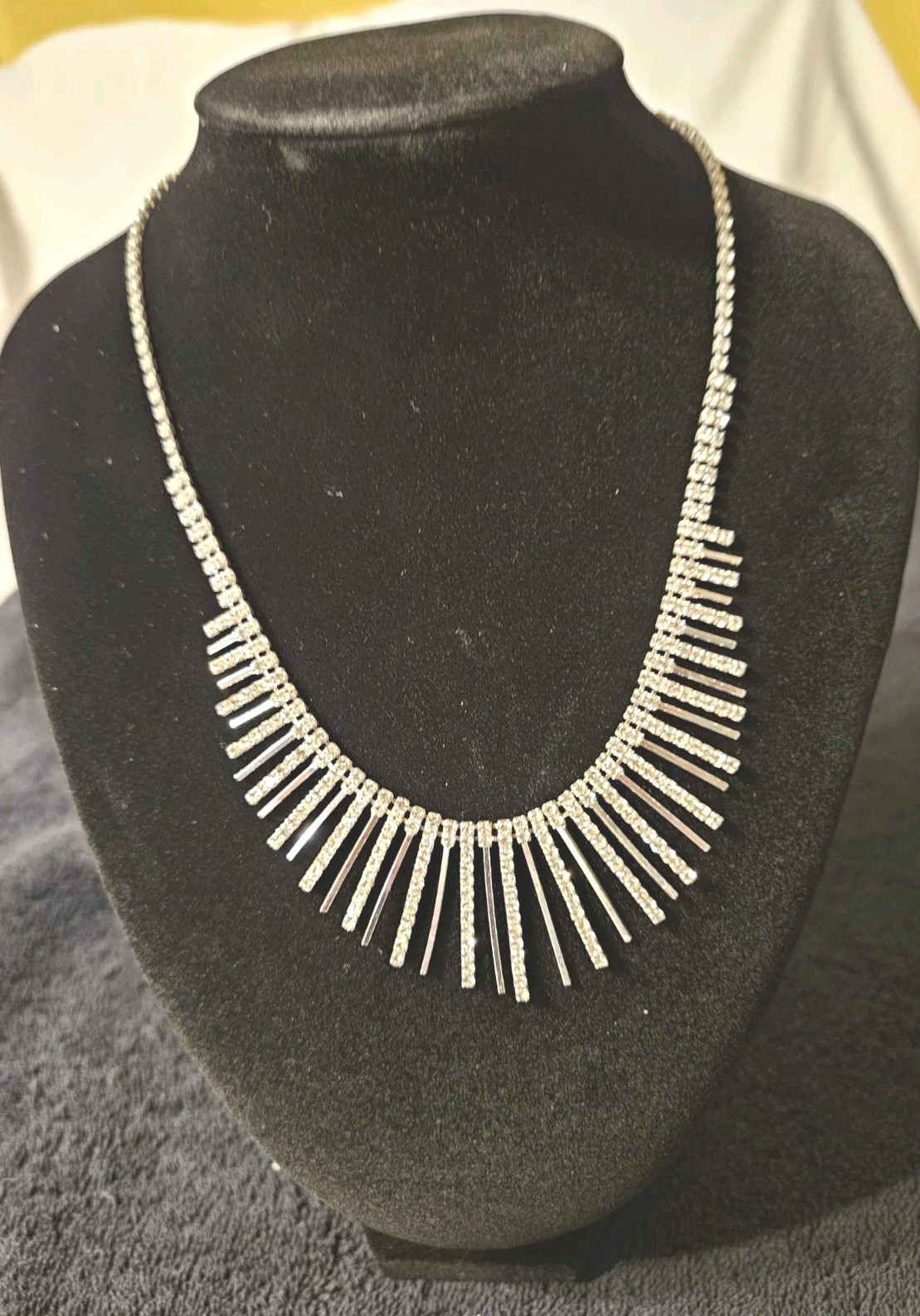 Statement Dangle Rhinestone Fringe Bib Necklace Silver Tone 16″ w 3″ Ext