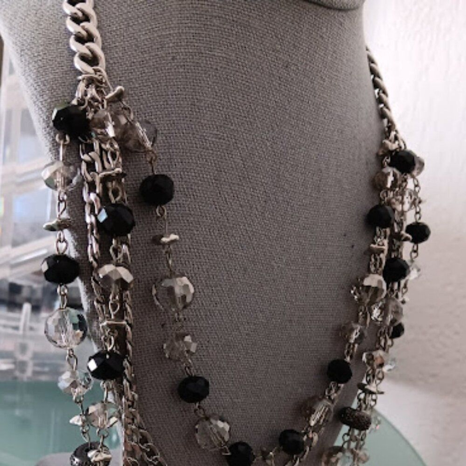 VERA WANG Rocker Chic Silver Black/Gray/Hematite Beads Chain Layered Necklace