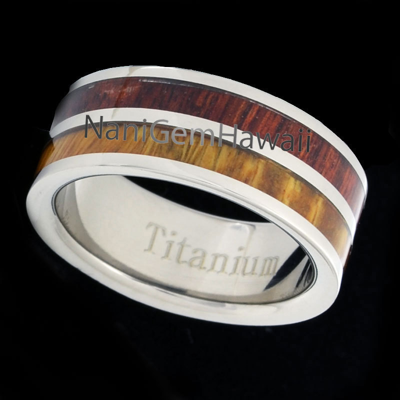 Titanium Koa Wood 8mm 2 Tone Double Row Band Ring Flat Edge