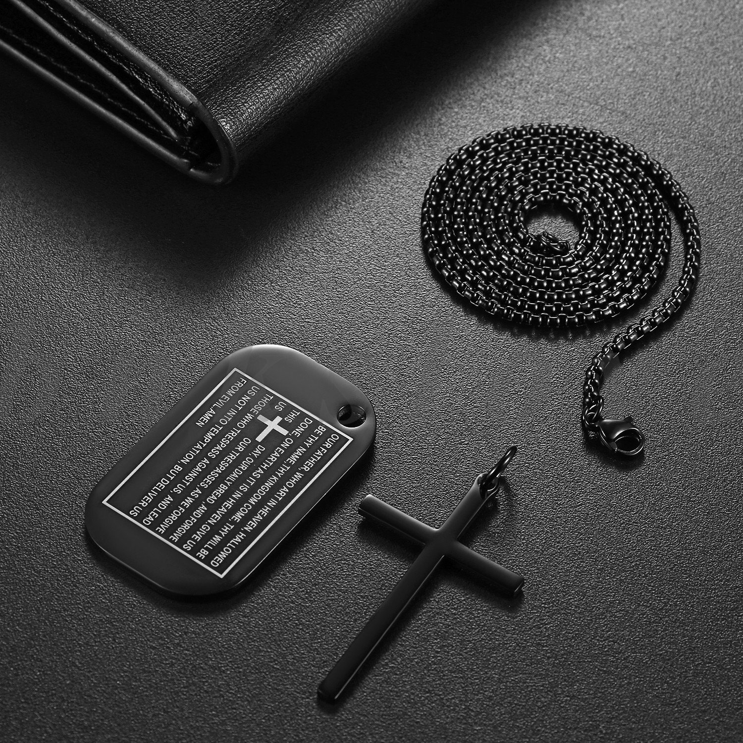 Men’s English Bible Verse Cross Dog Tag Pendant Necklace Stainless Steel Chain