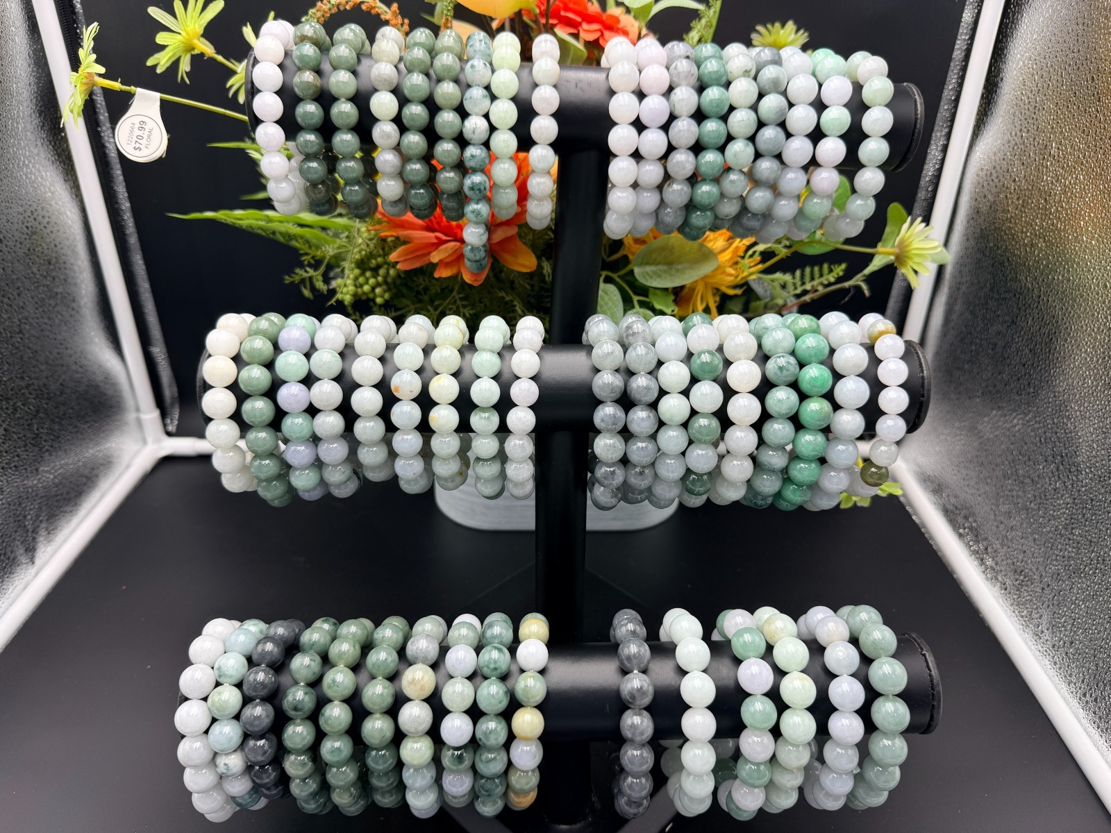 Certified Natural Jadeite Jade Beaded Bracelet Gray Black 13.2 mm #100094
