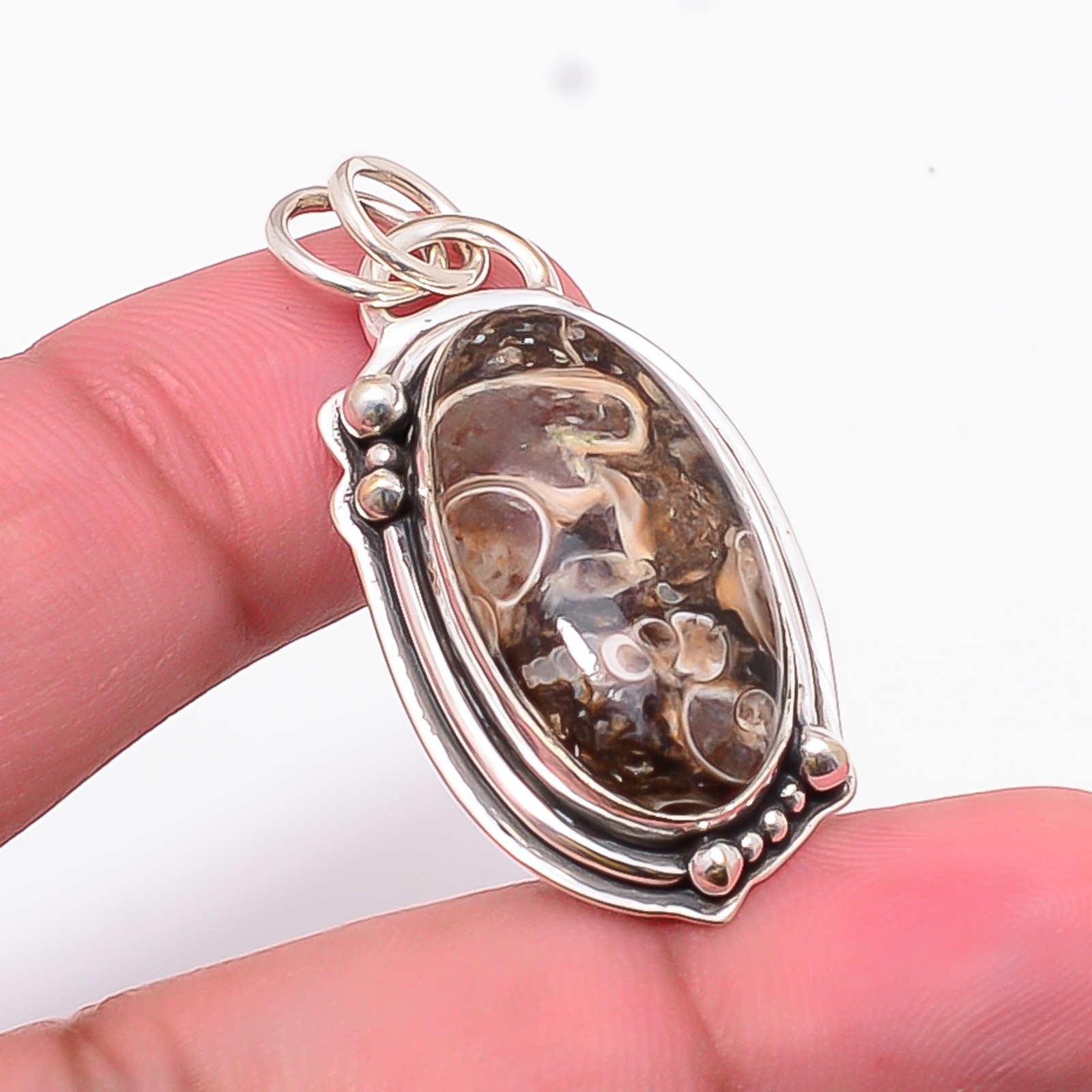 Turritella Agate – Wyoming Gemstone 925 Sterling Silver Pendant 1.62″ P893124026