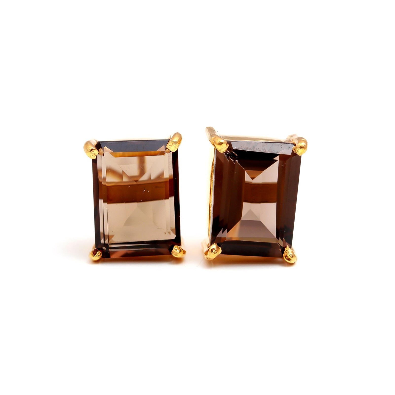 Natural Smoky Quartz Octagon Stud Earrings Gold Fill 925 Sterling Silver Jewelry