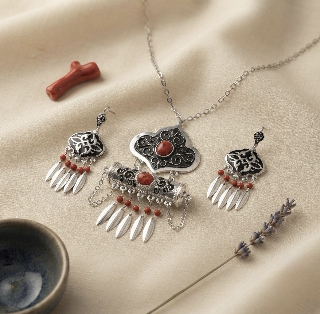 Vintage Silver Color Tessel Turkish Necklace Earrings Set Bohemian Gypsy