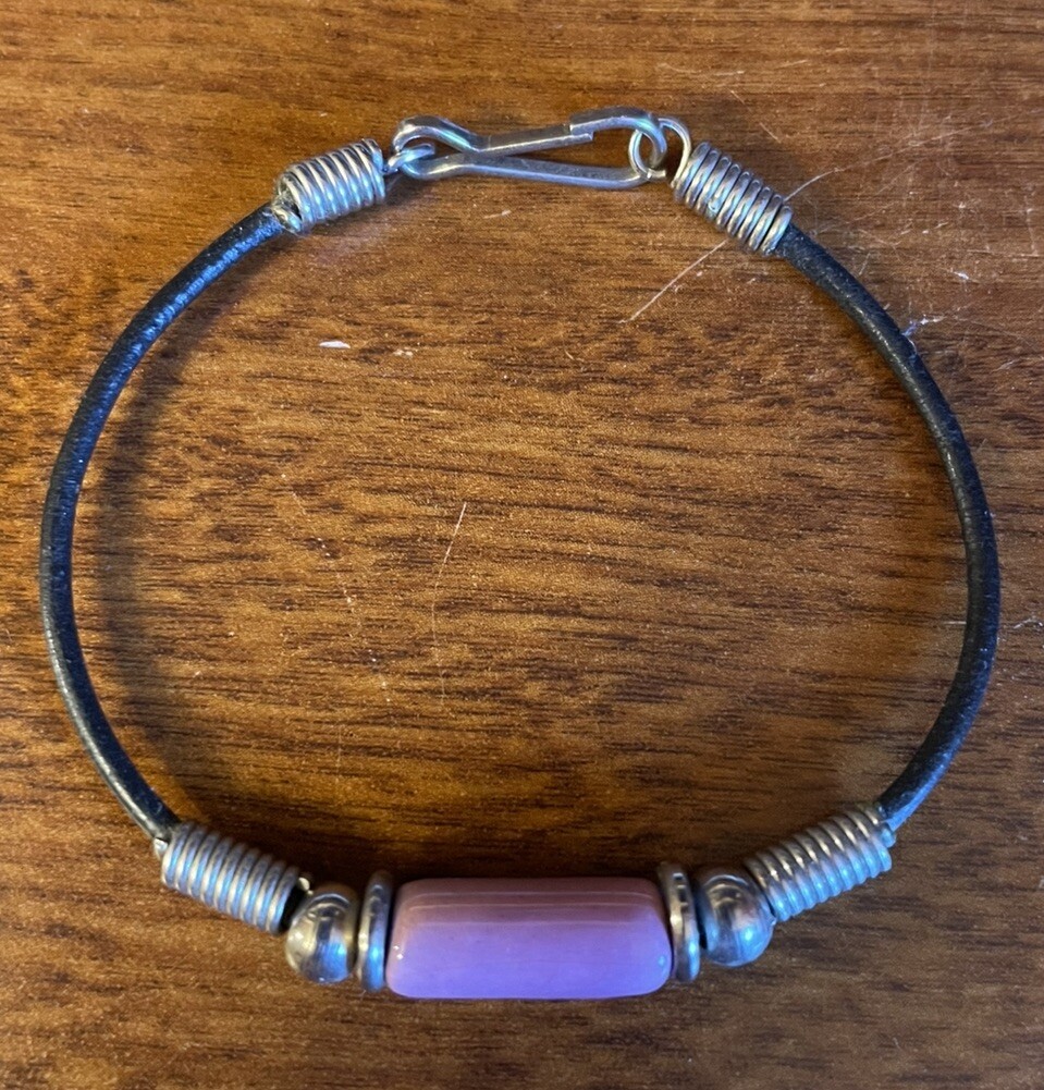 Boho Bracelet Mauve Colored Ceramic Tube Bead With Silver Tone Beads On Leather