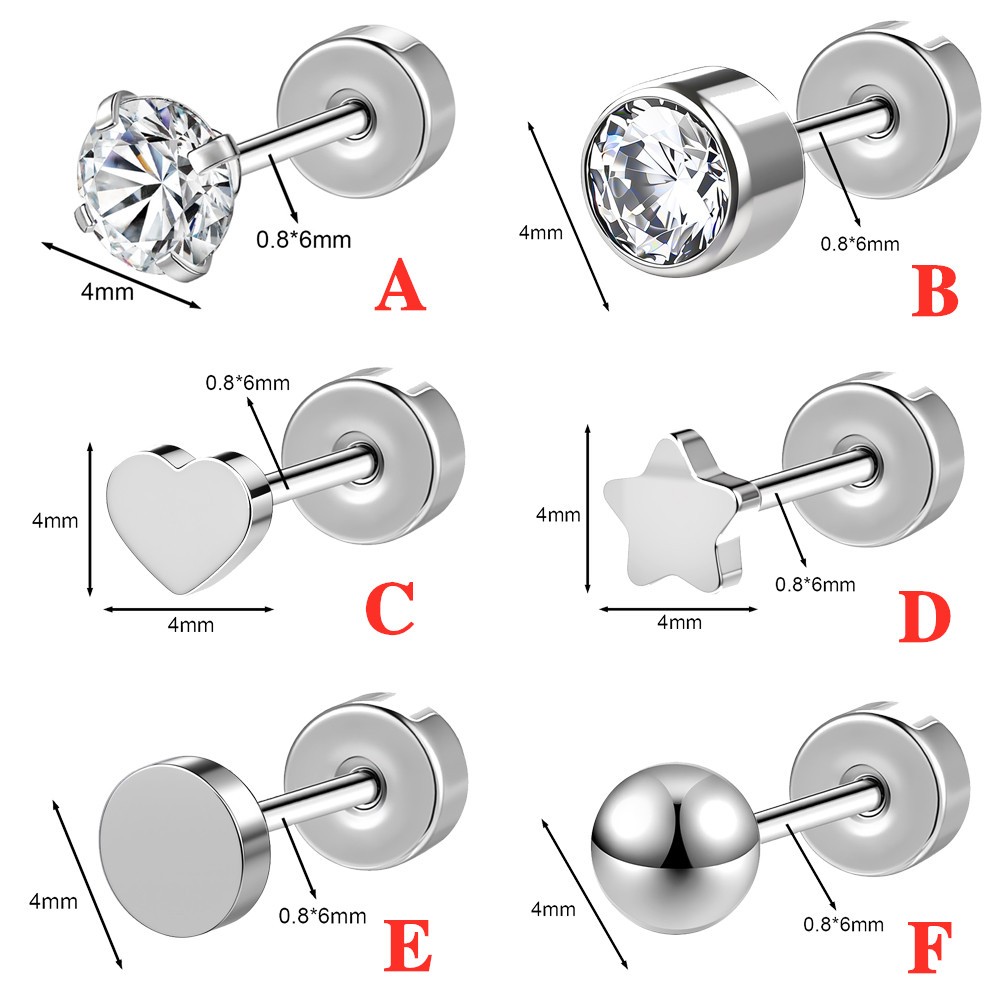 1 Pair 20G Titanium Steel Stud Earrings CZ Ball Heart Helix Cartilage Piercings