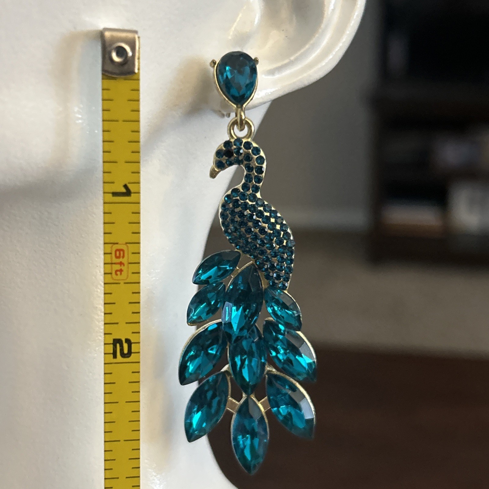 Gorgeous Teal Green Rhinestone Peacock Dangle Earrings