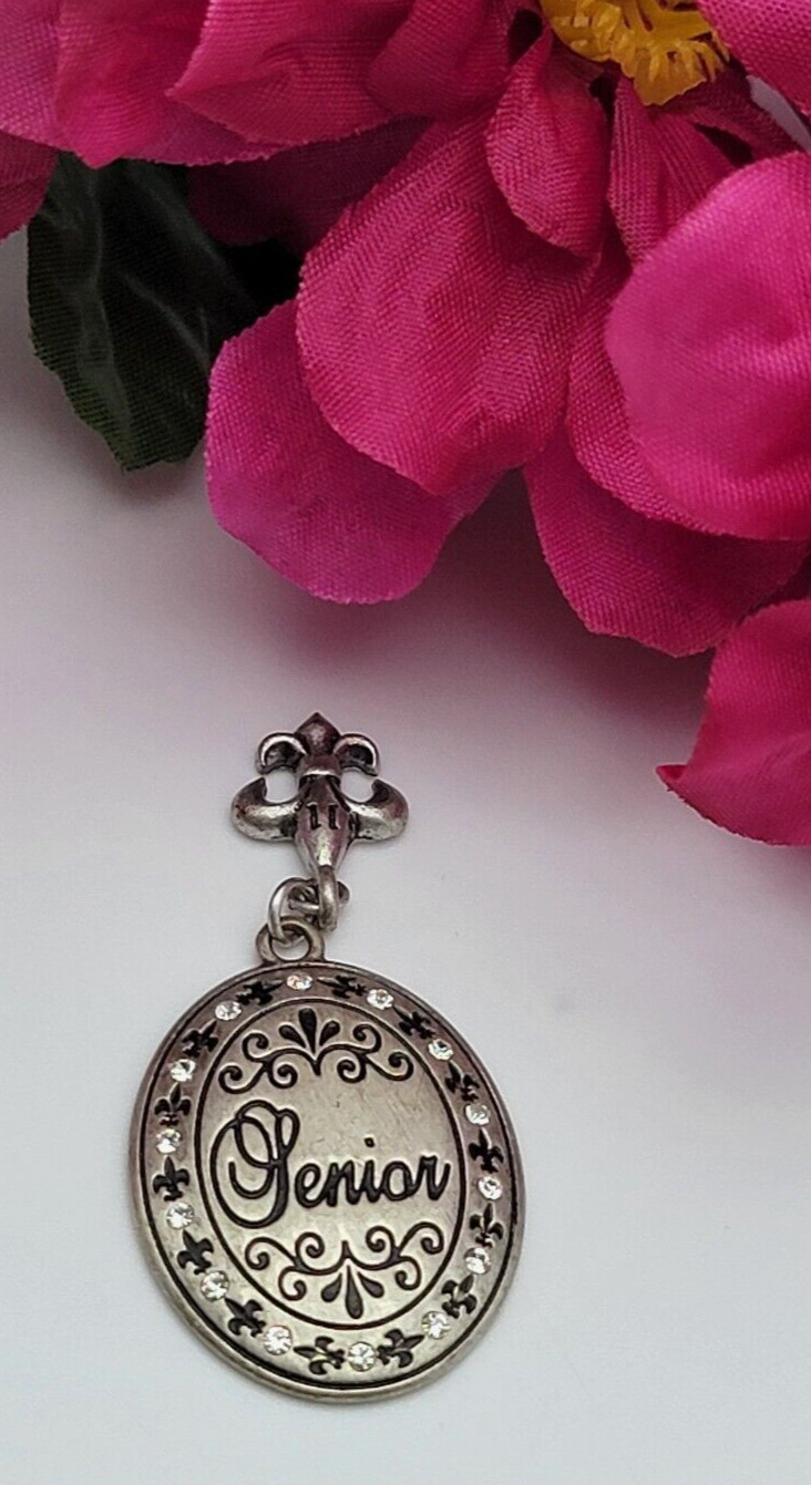 JOSTENS SENIOR Rhinestone Crystal Accents Antiqued Silver Tone Pendant 1.25 Inch