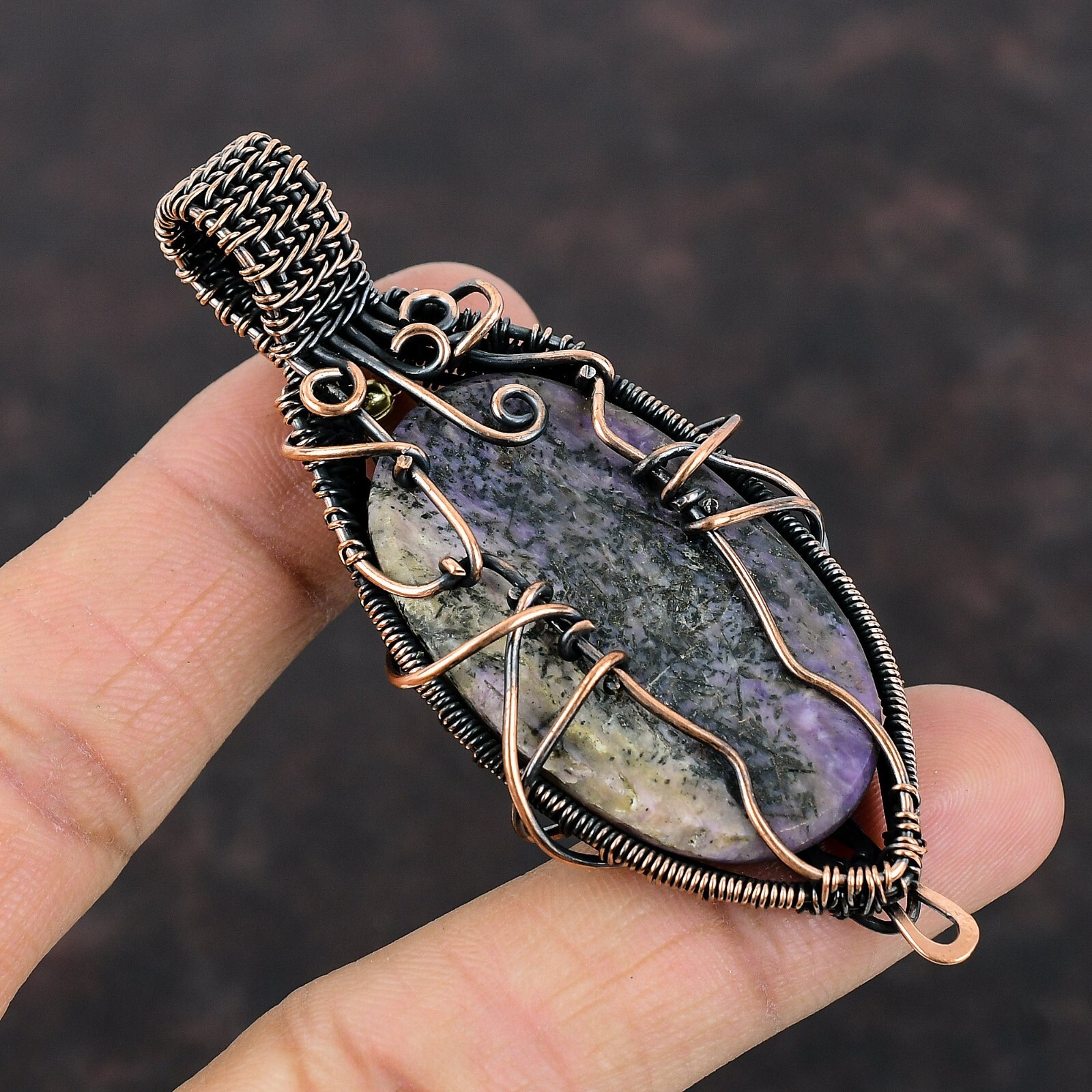Women Day Sale Russian Charoite Wire Wrapped Pendant Copper For Women 3.11″