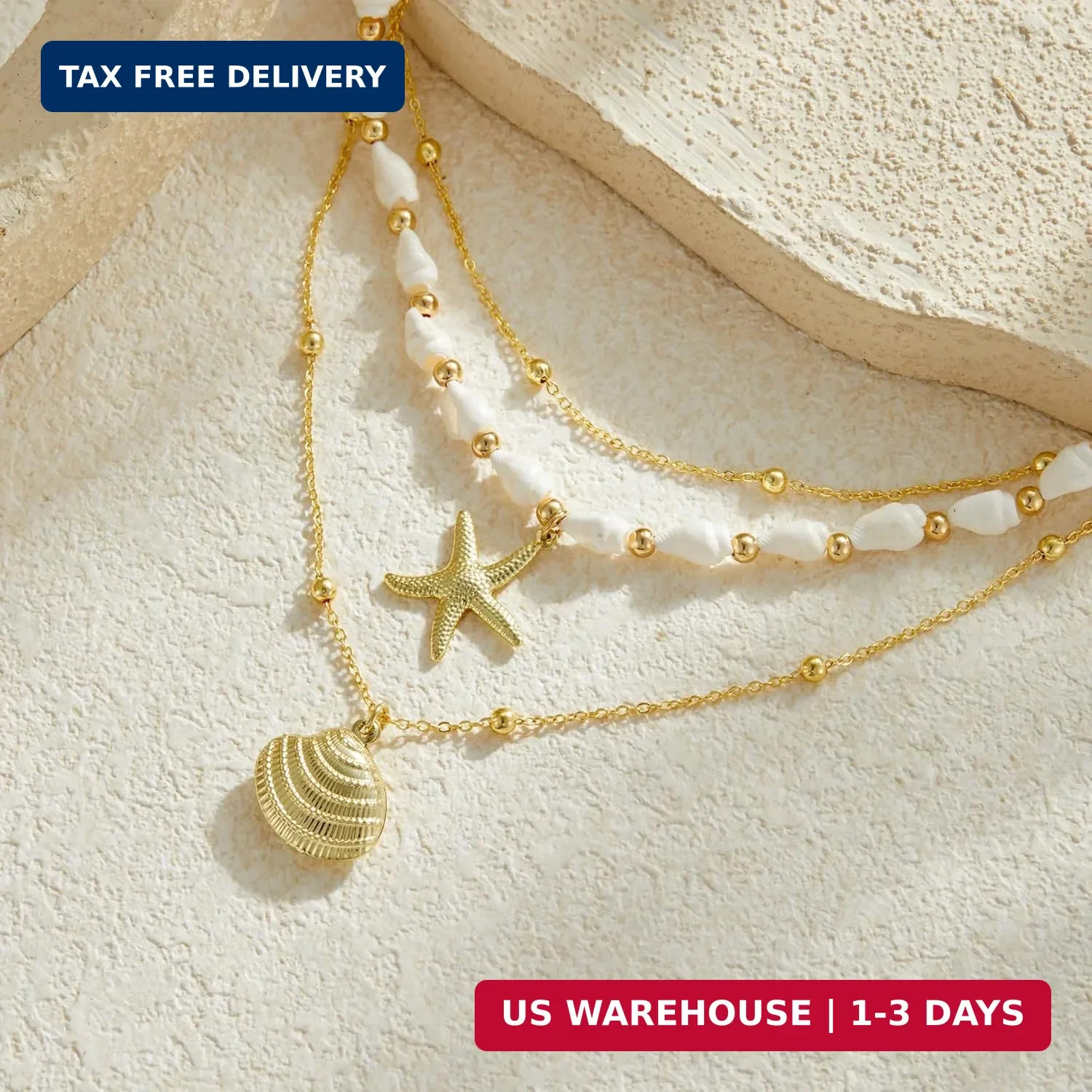 Seashell Starfish Necklace for Women Conch Shell Summer Pearl Beach 14k Gold Lay
