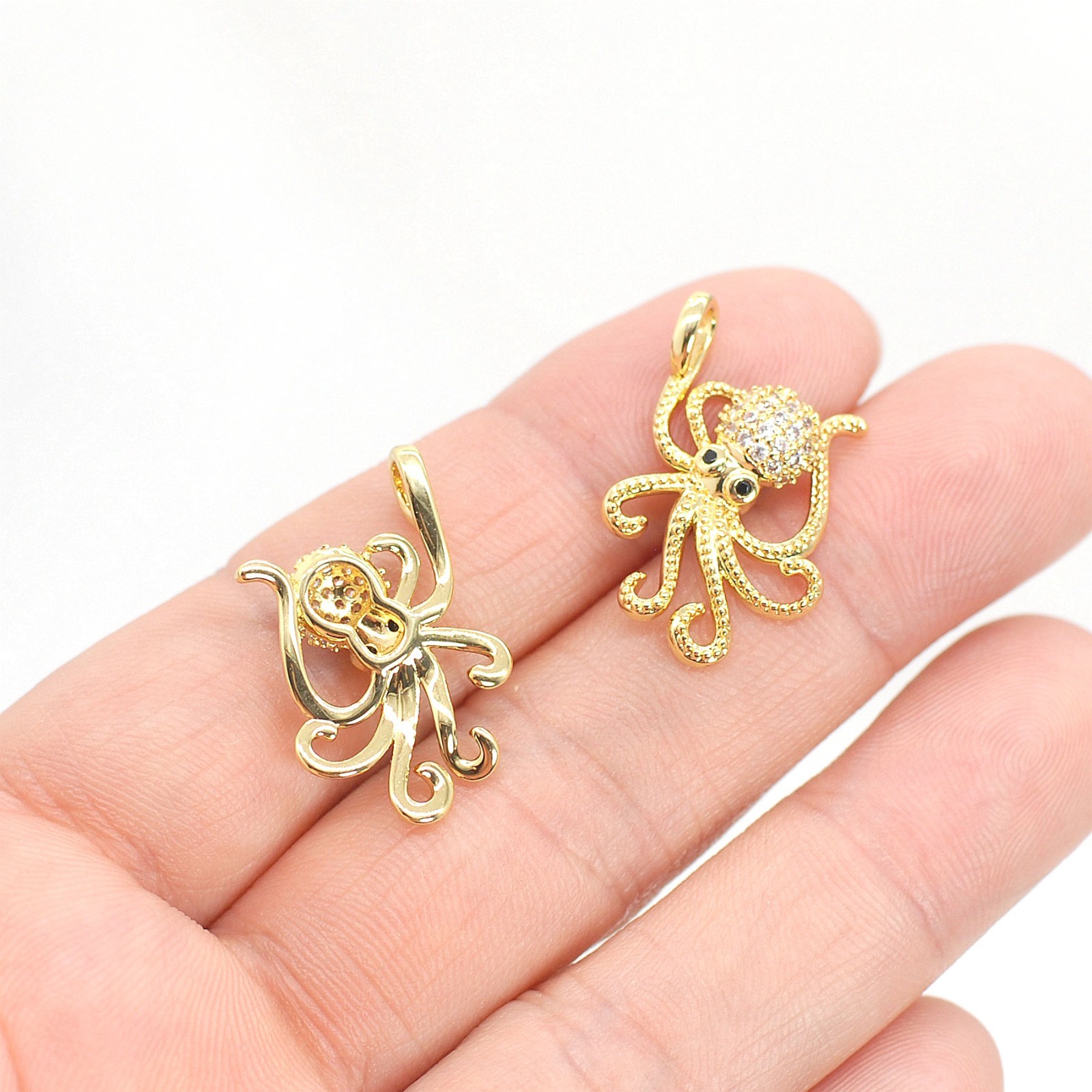 2PCS 18K Gold Plated Octopus Charm Pendant, Cubic Zirconia Micro Pave GADW91