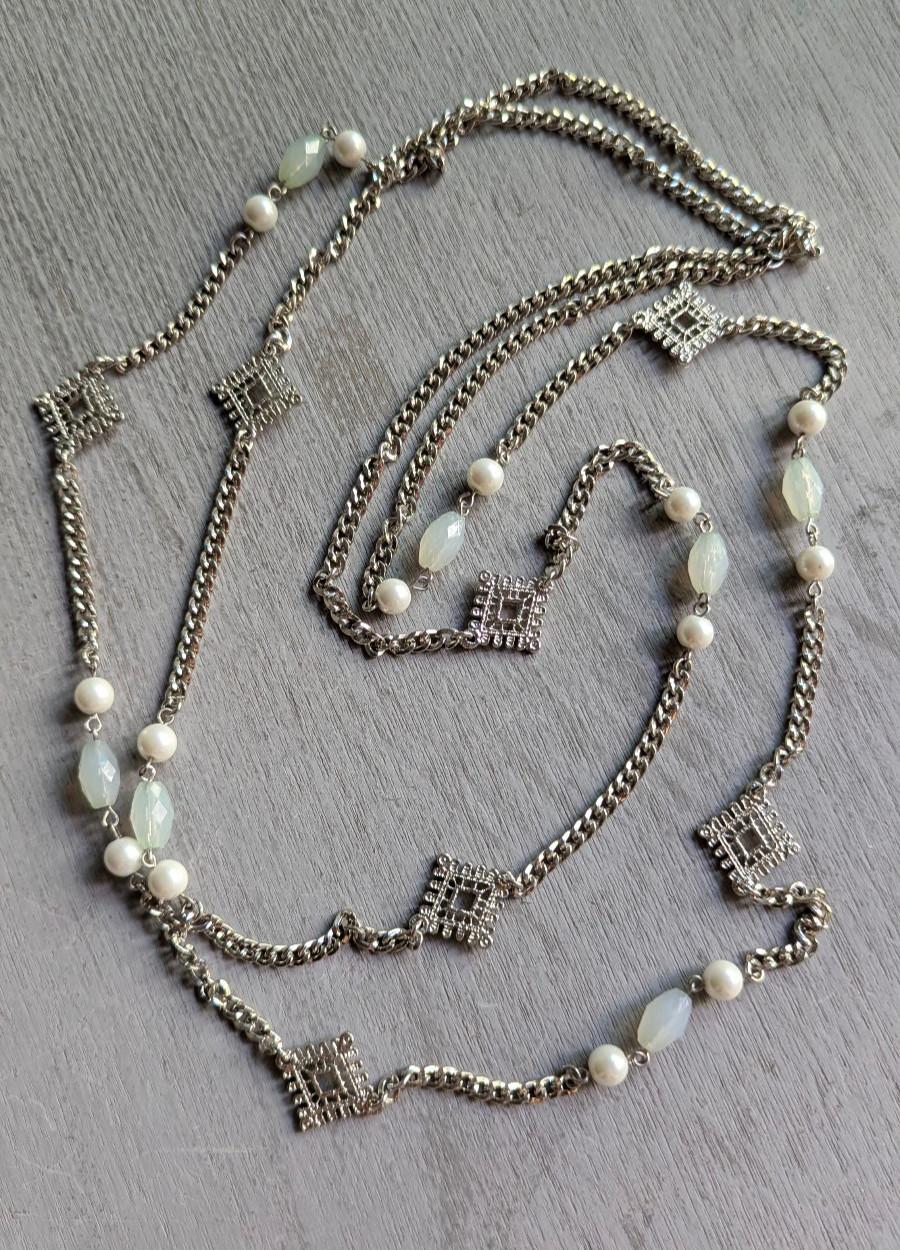 Silver Tone 2 Strand Long Necklace Faux Pearl White Beads Geometric Station 32″