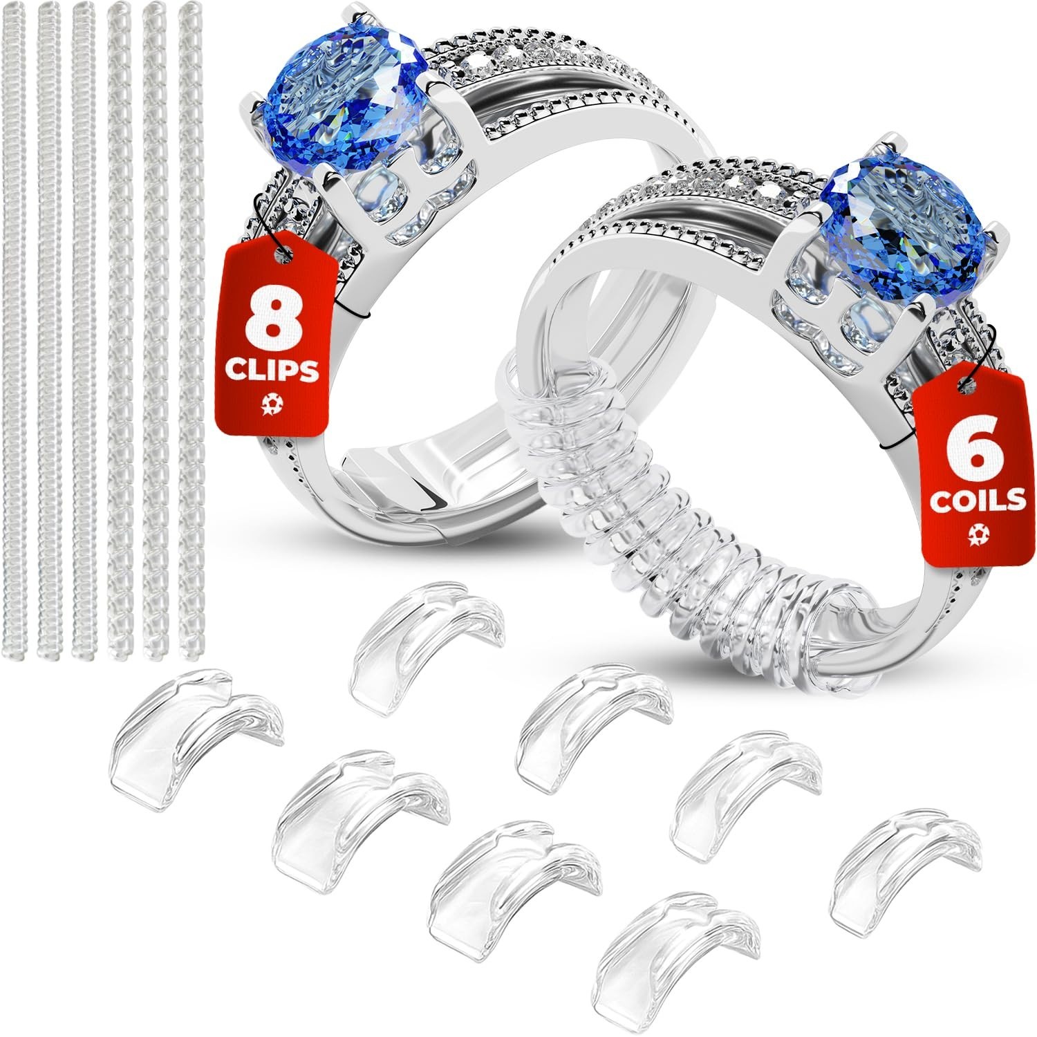 Adjustable Ring Sizers – 8 Clip & 6 Coil Adjusters, Ring Guards for Loose Rings