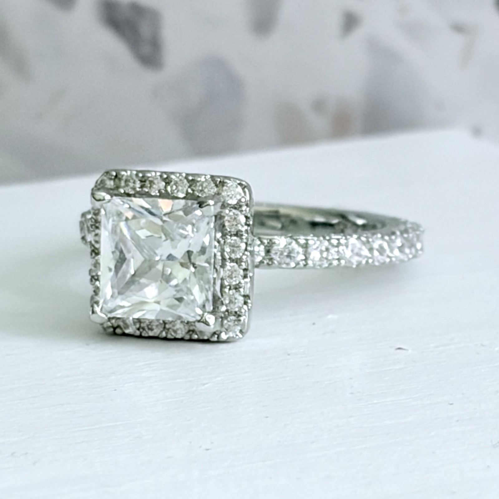 2.5 CT Princess Cut 14k White Gold 925 Sterling Halo Pave Set Women’s Ring