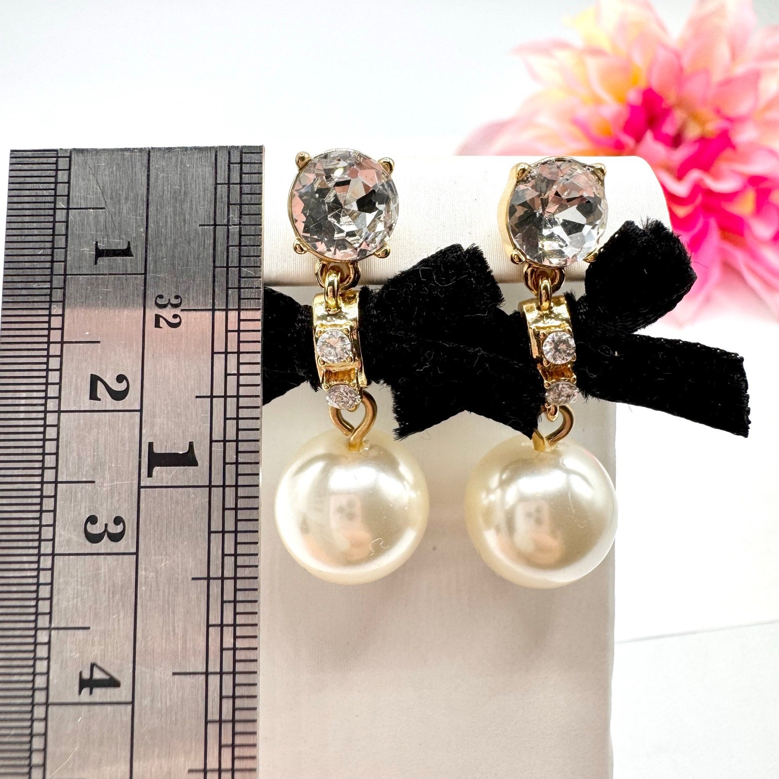 J.Crew Black Velvet Bow Faux Pearl Rhinestone Drop Earrings Black Tie Fancy Gala
