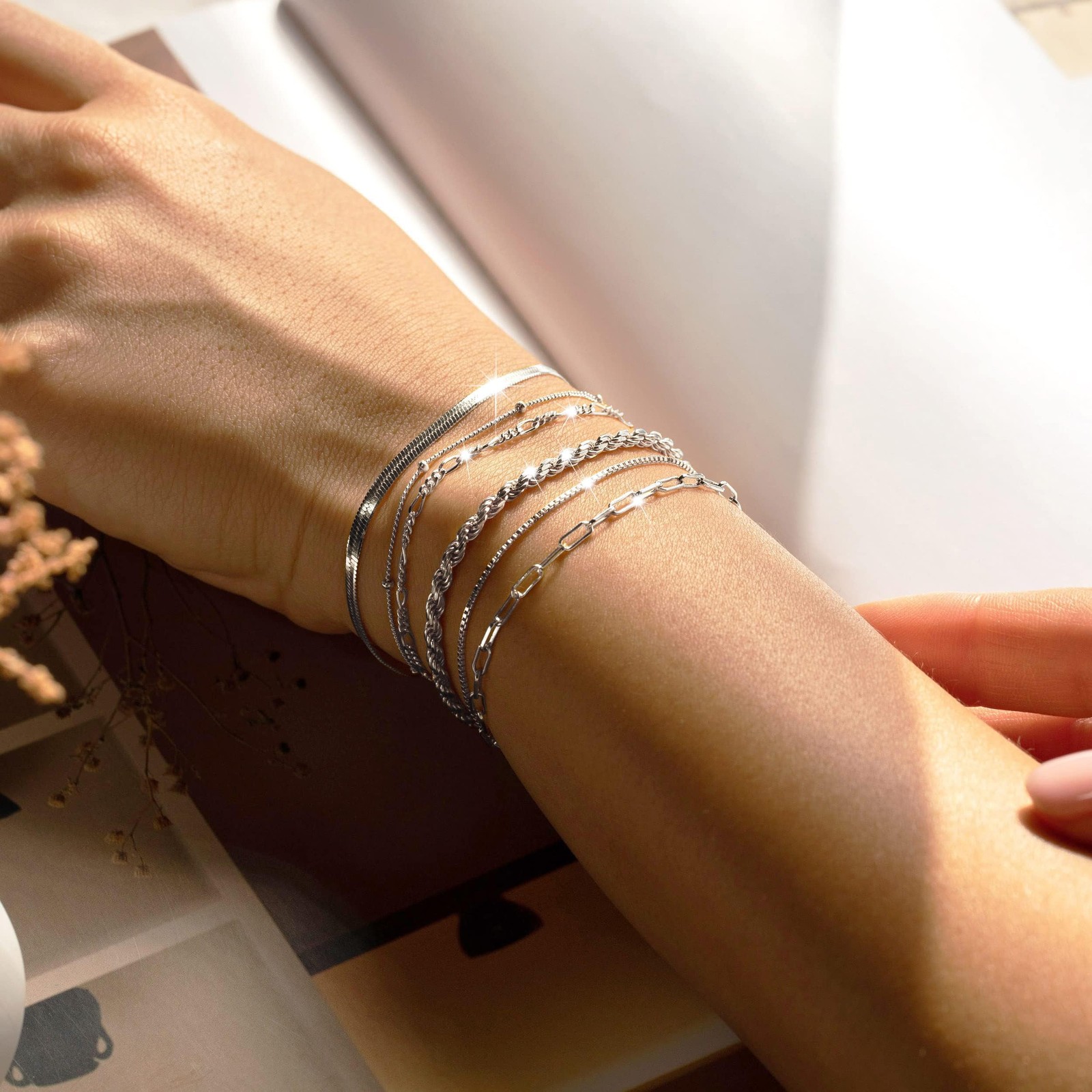 Dainty Silver Plated Bracelets for Women Trendy, Silver Jewelry Set