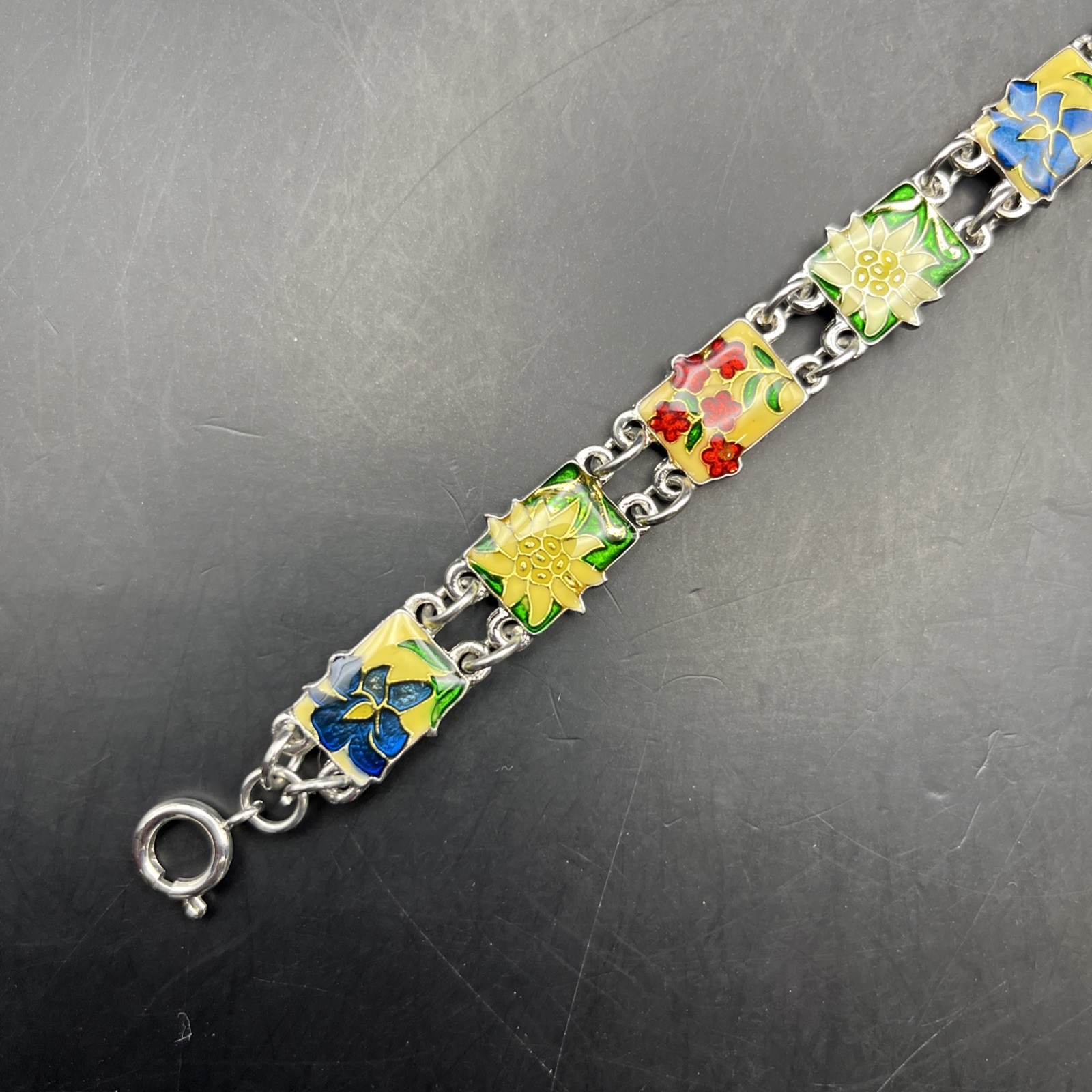 Multicolor Enamel Flower Panel Bracelet Floral Silver Tone Fits 6.5 7 7.5 8 8.5