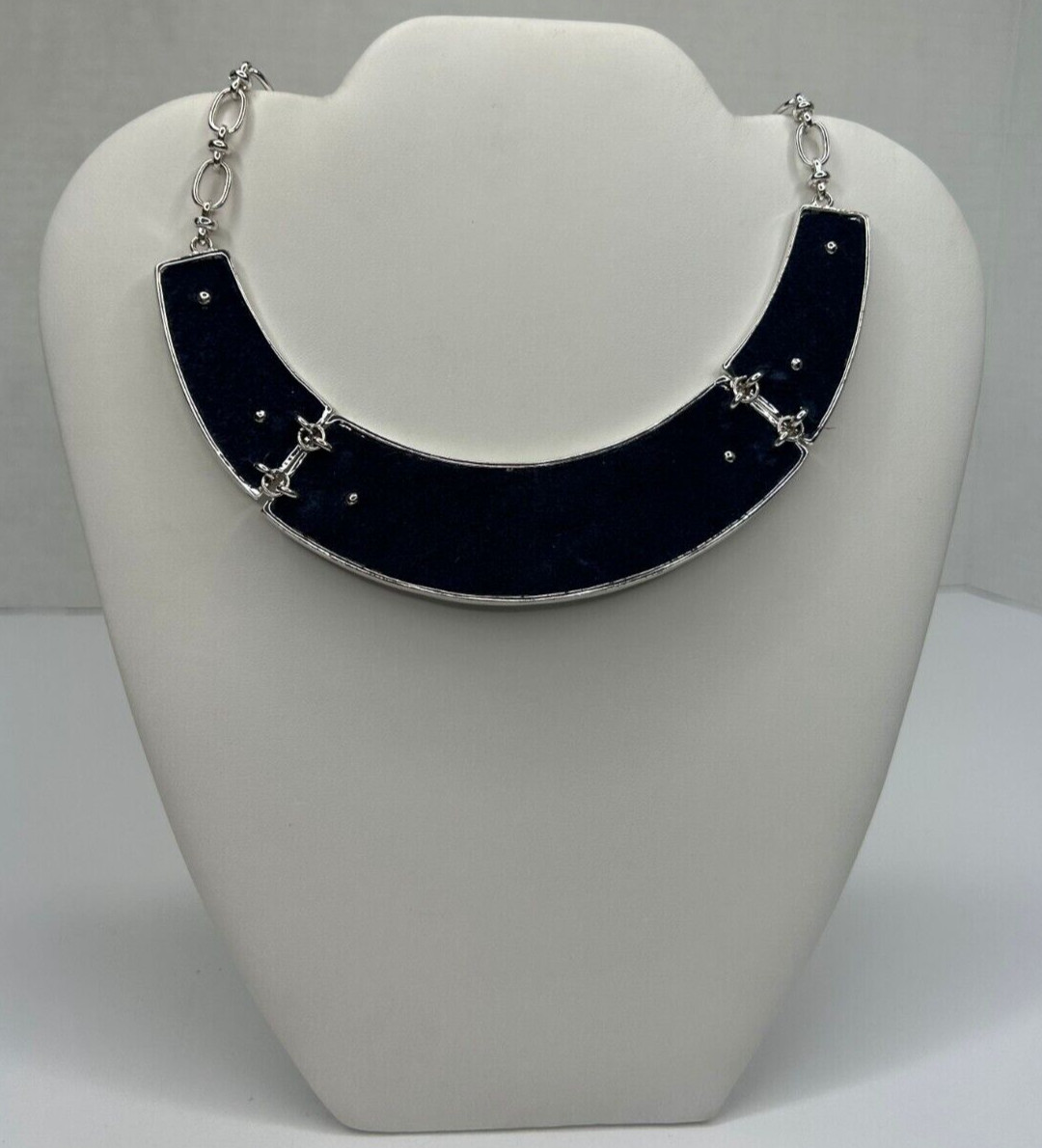 St Thomas Collar Bib Necklace 16in Blue Leather Backed Silver Tone Cut Out NWT