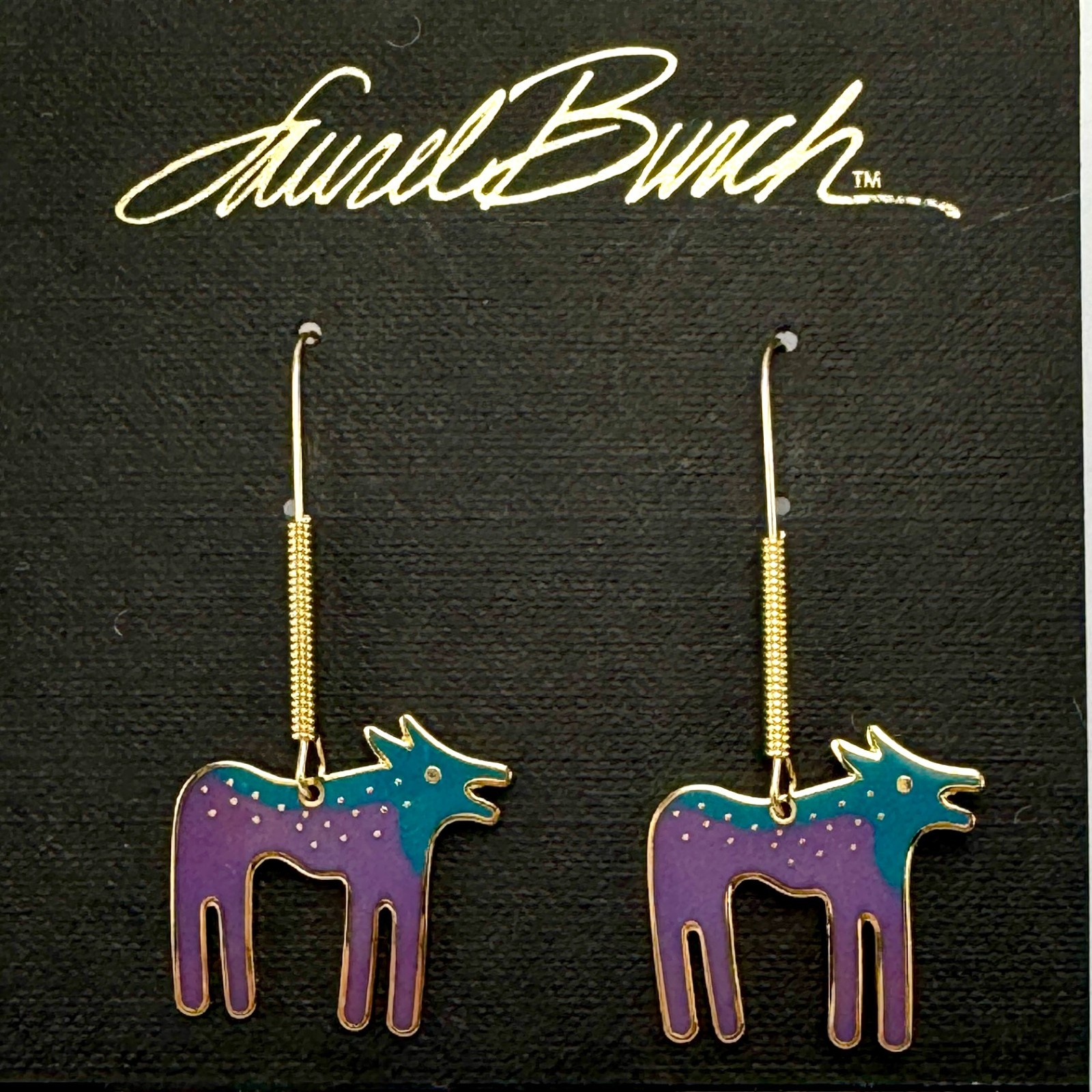 NEW Old Stock Retired Signed Laurel Burch Wild Dog Cloisonne Gold Earrings