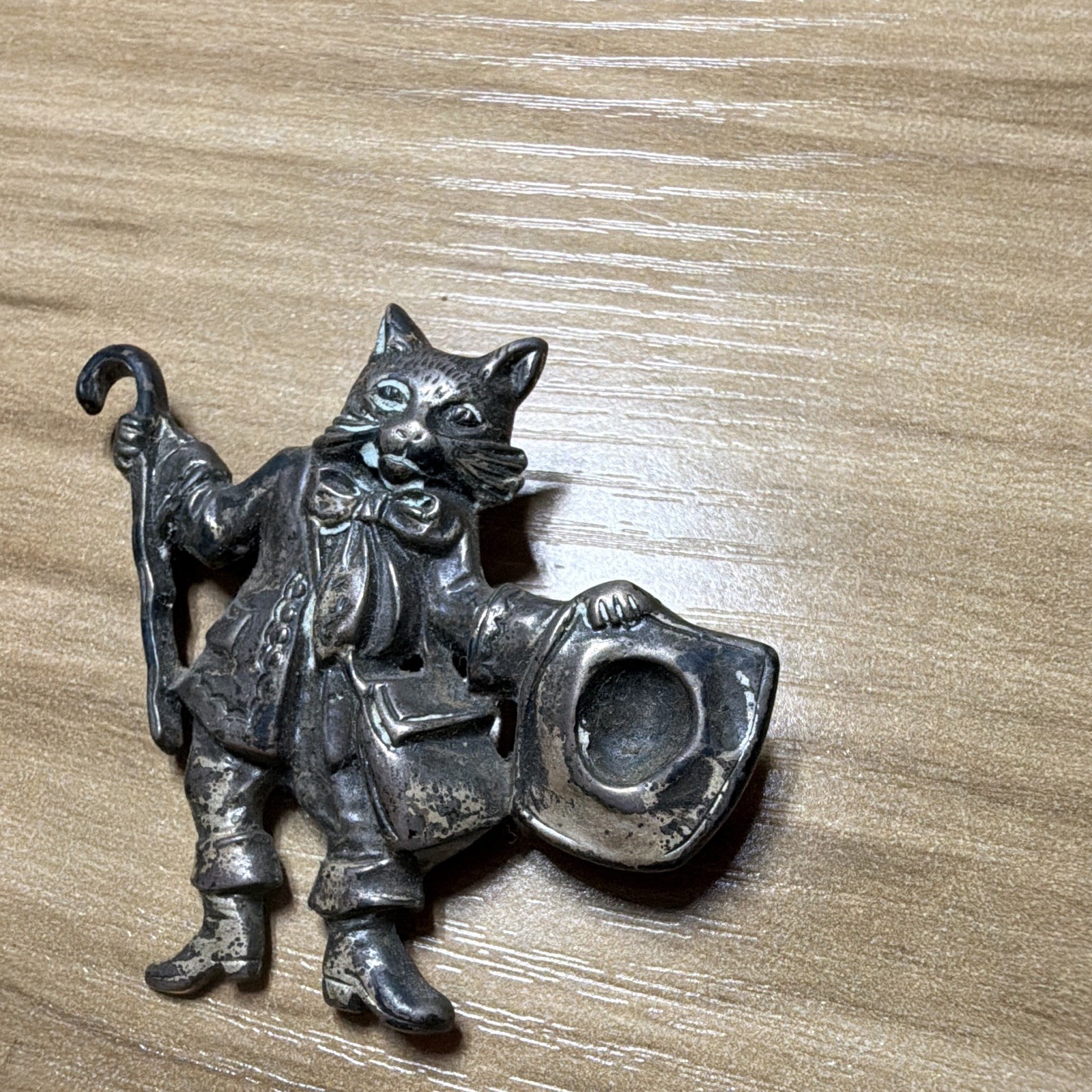 Vintage Brooch, Cat with a hat and cane, “Sterling” stamp