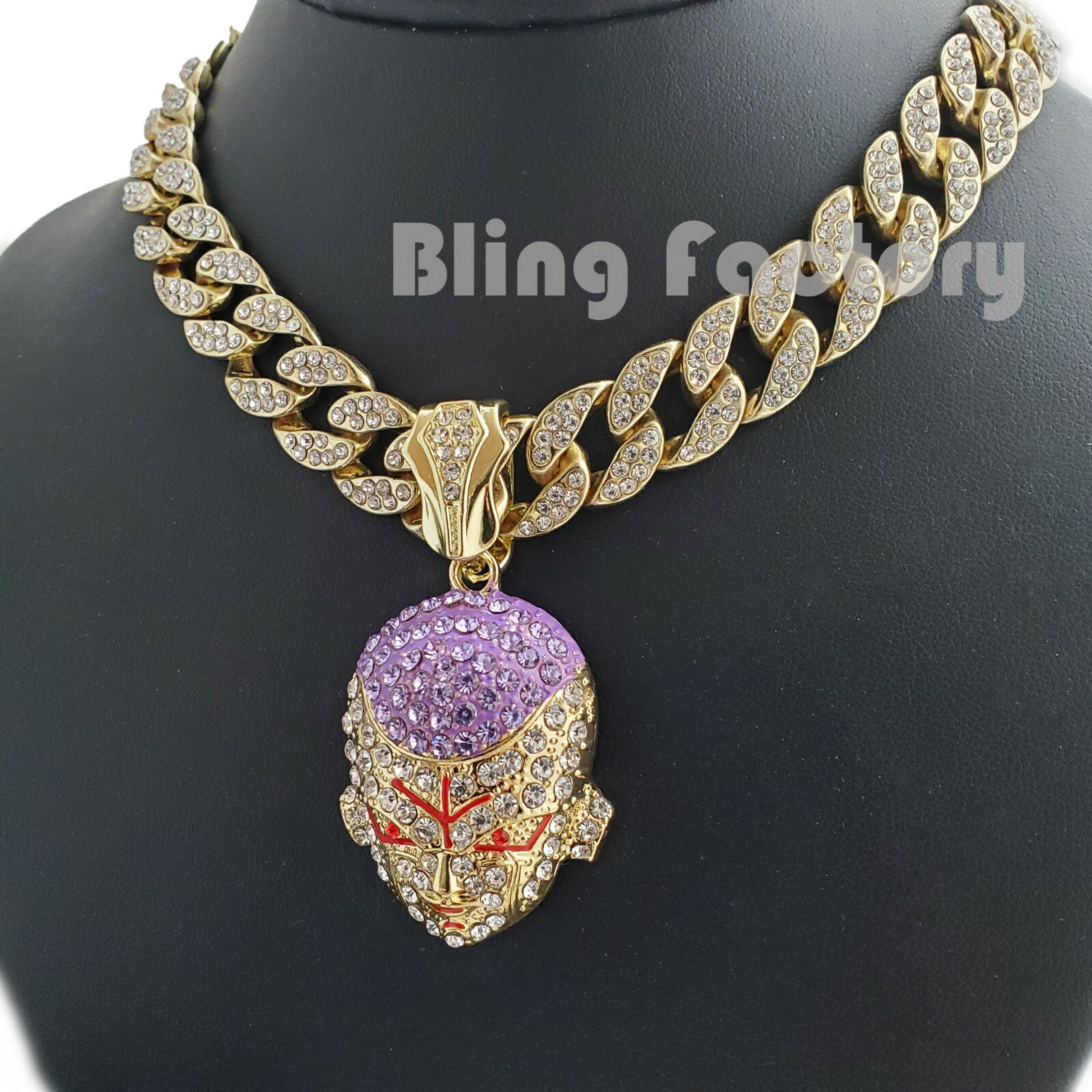 Gold PT FRIEZA Pendant & 16″ 18″ 20″ 24″ Iced Cuban Choker Chain Bling Necklace