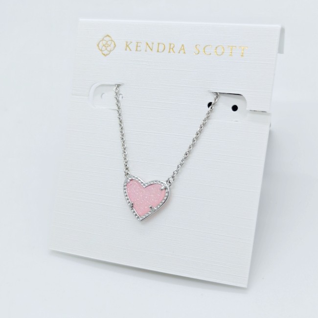 New Kendra Scott Ari Heart Silver Necklace in Pink Drusy