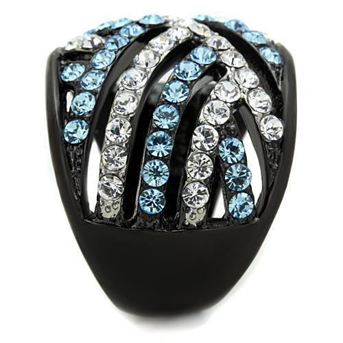 Blue & White Crystal Wide Band Dome Black Stainless Steel Cocktail Cluster Ring